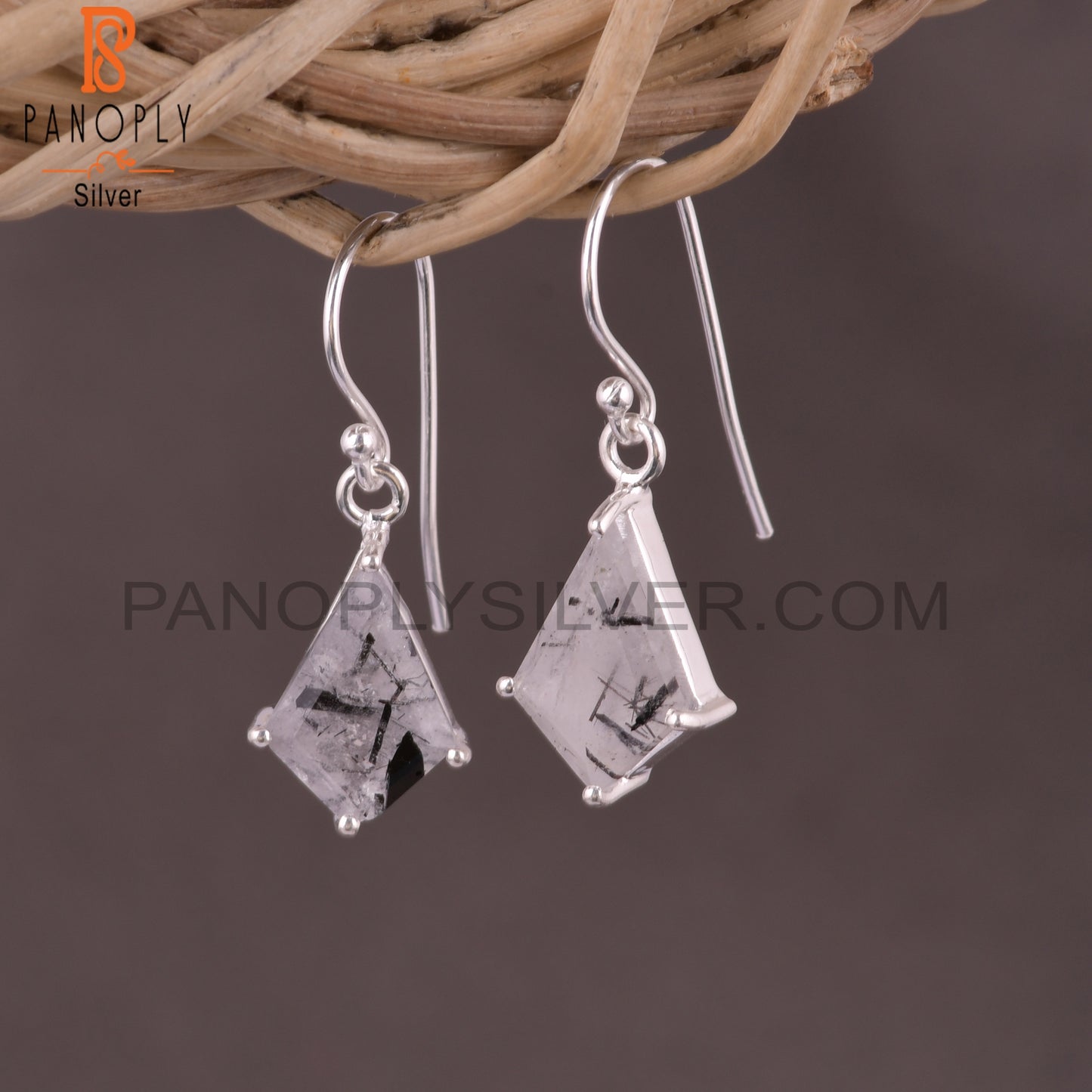 Black Rutile Set Fine Silver Kite Shape Drop Earrings