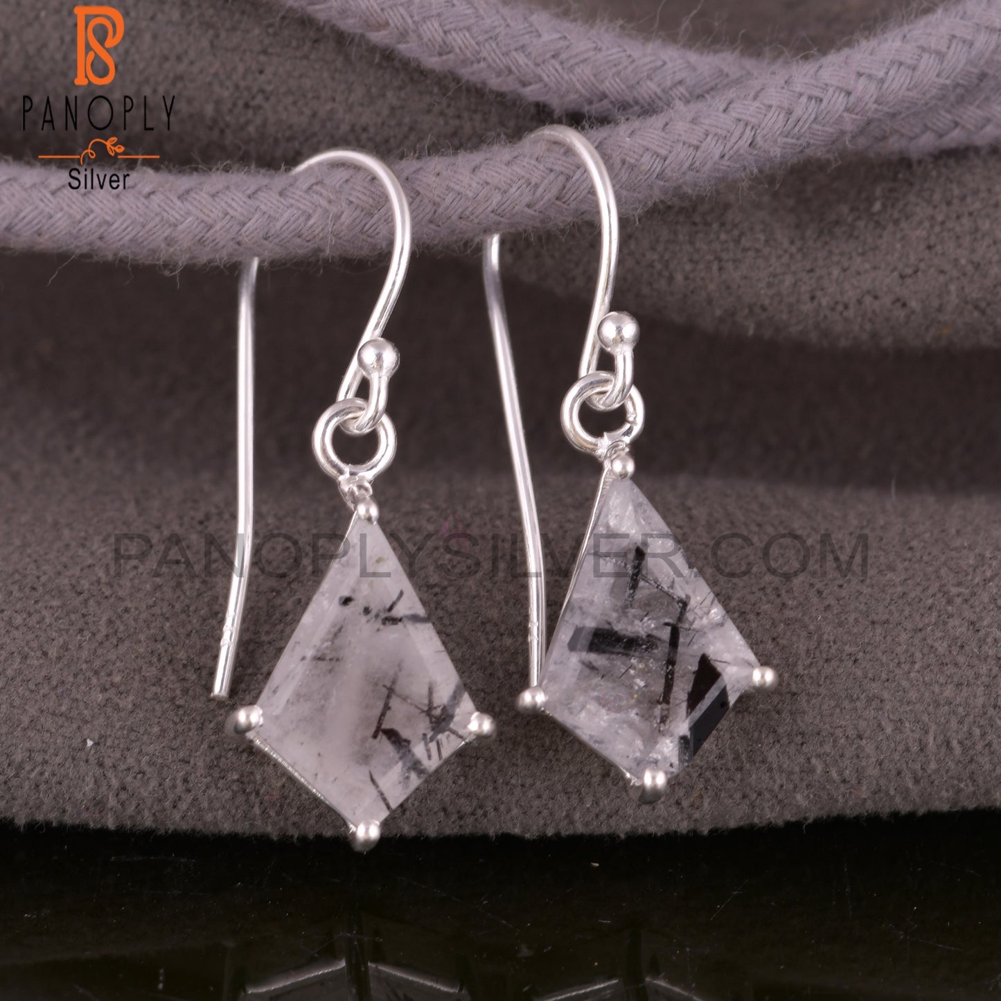 Black Rutile Set Fine Silver Kite Shape Drop Earrings