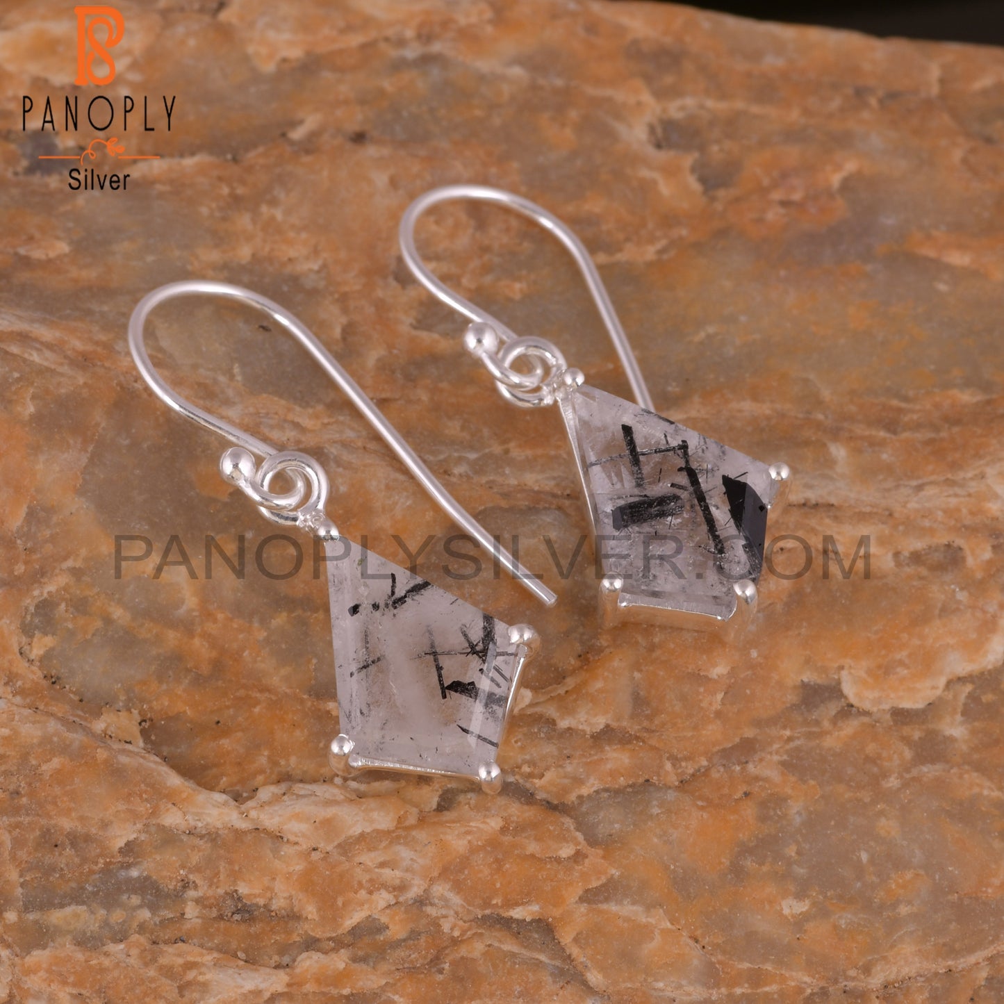 Black Rutile Set Fine Silver Kite Shape Drop Earrings
