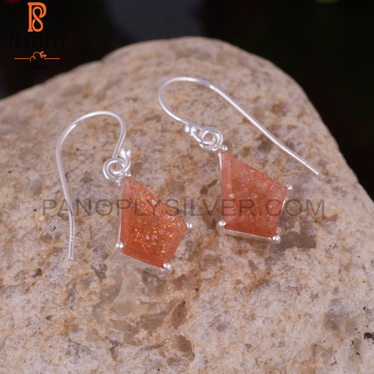 Sun Stone 925 Sterling Silver Cut Kite Shape Earrings