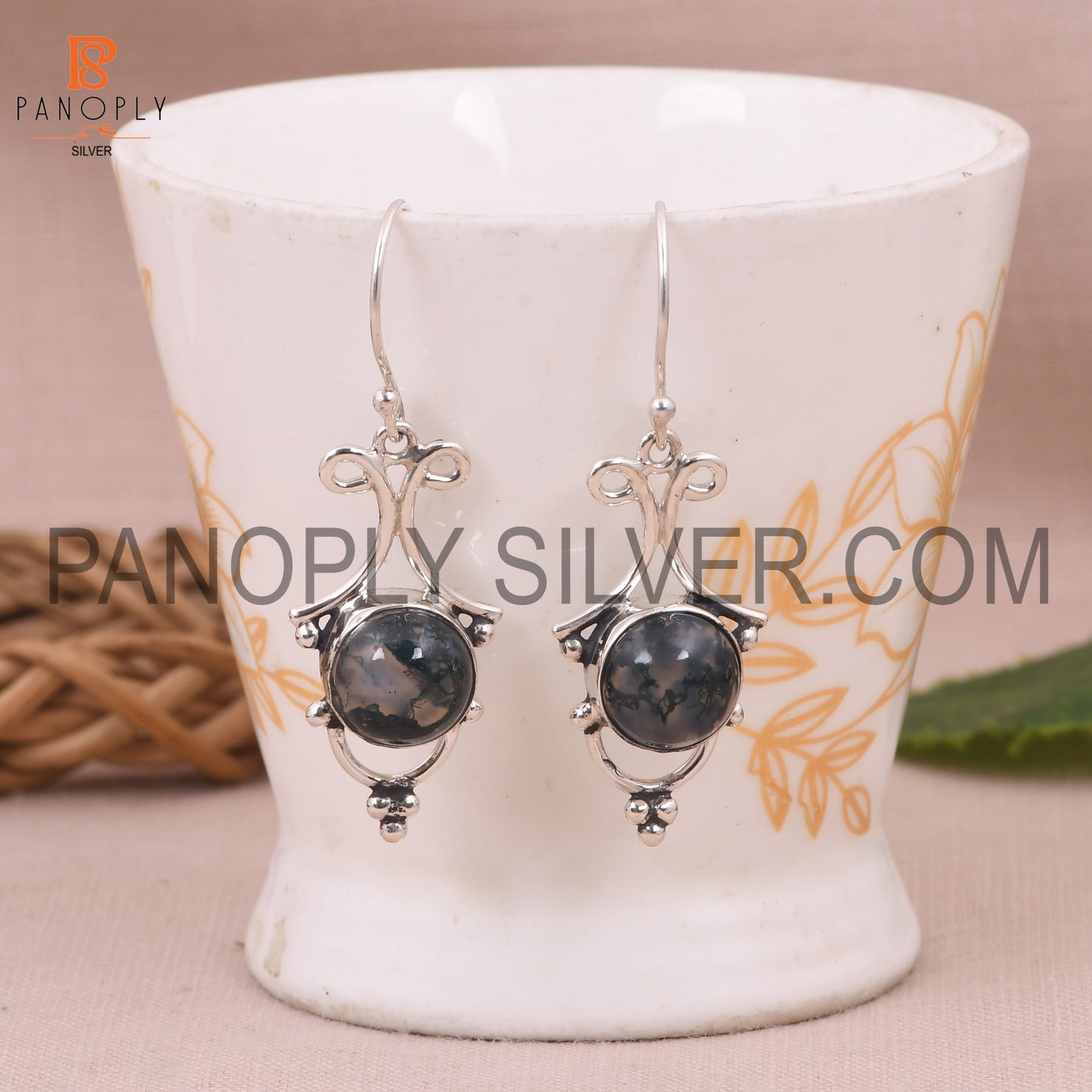 Moss Agate 925 Silver Green Stone Filigree Earrings