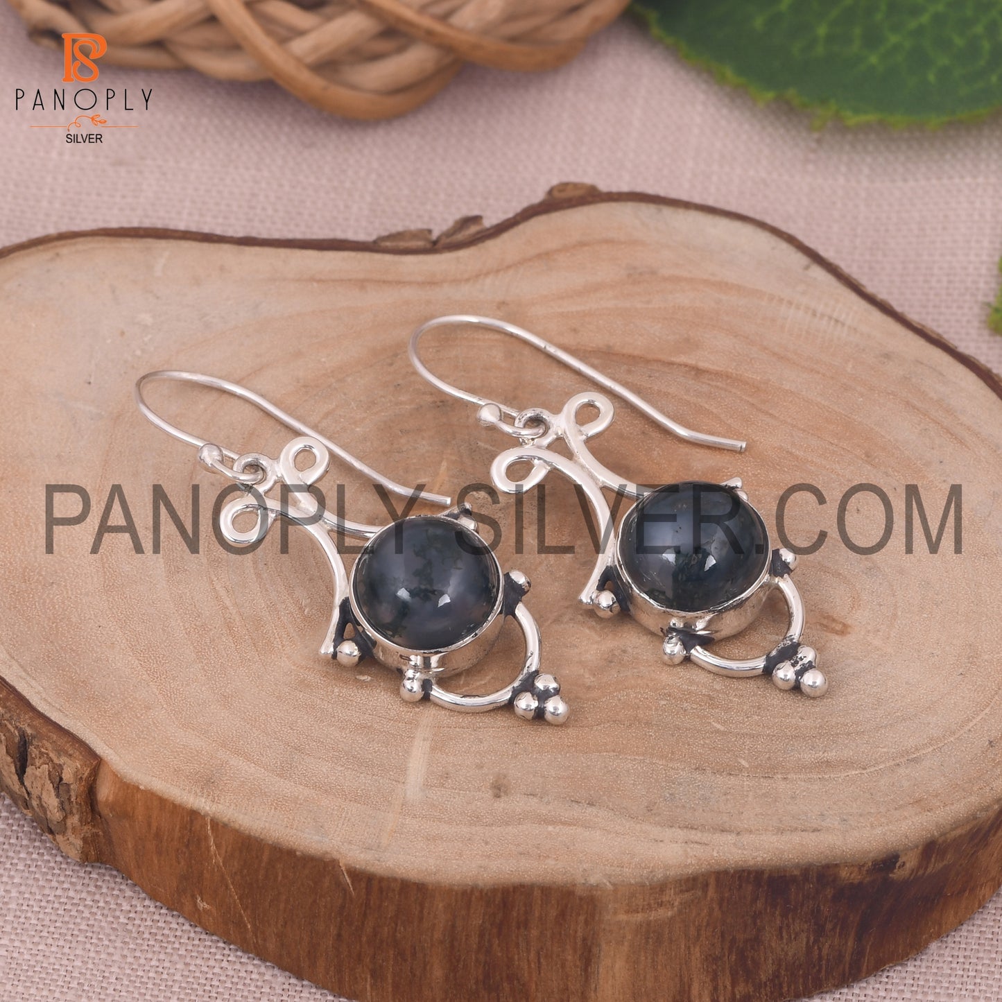 Moss Agate 925 Silver Green Stone Filigree Earrings