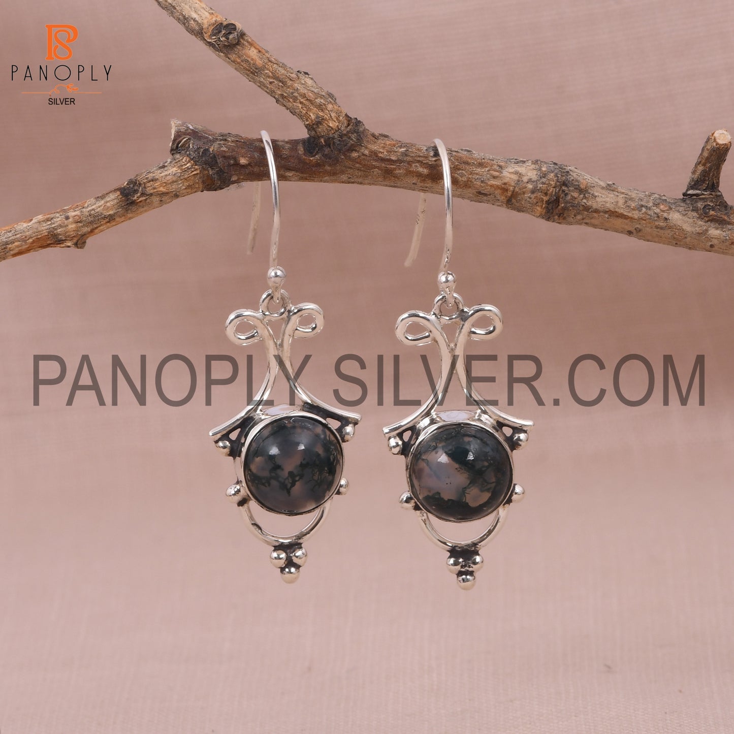 Moss Agate 925 Silver Green Stone Filigree Earrings