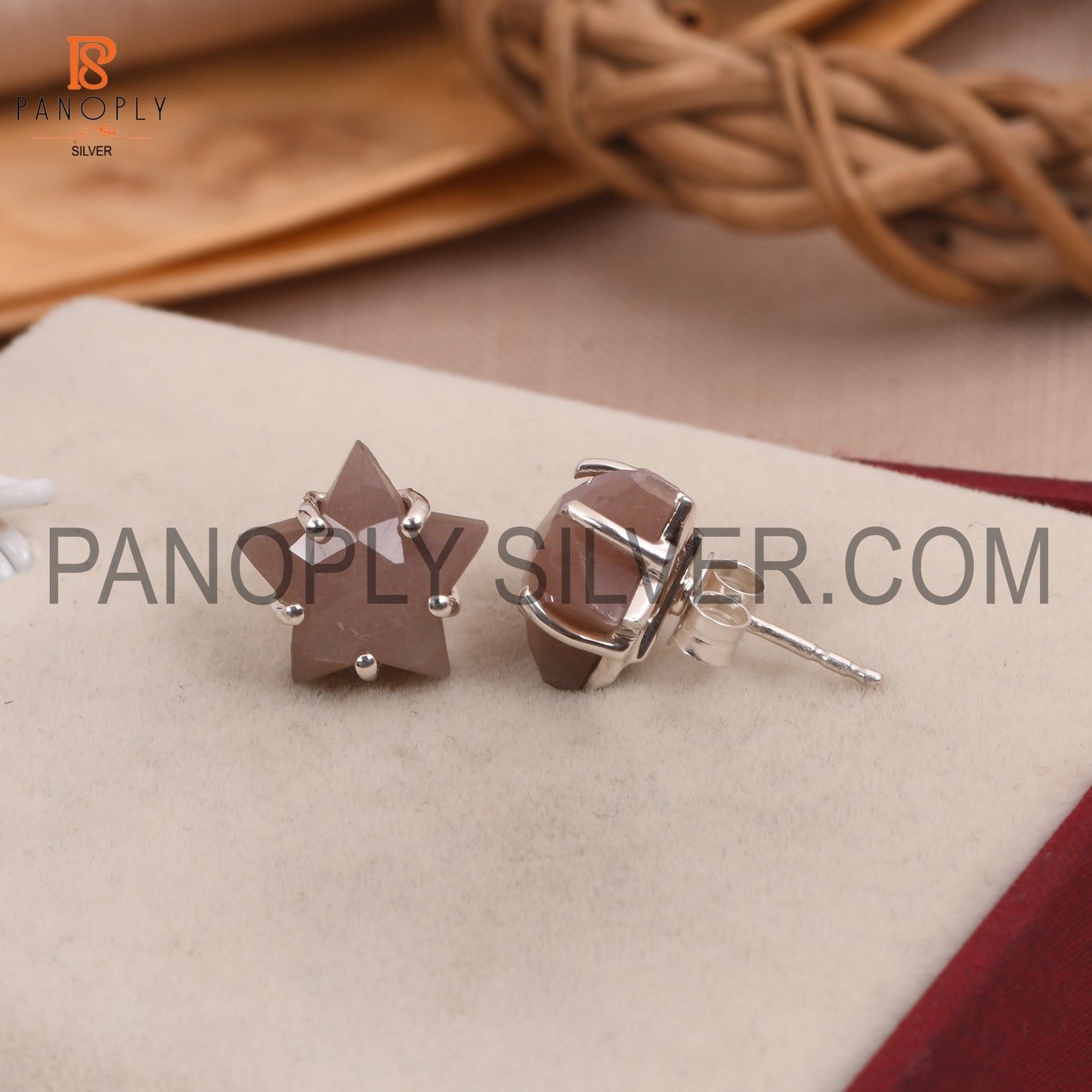 Chocolate Moonstone 925 Silver Star Tiny Celestial Stud Earrings