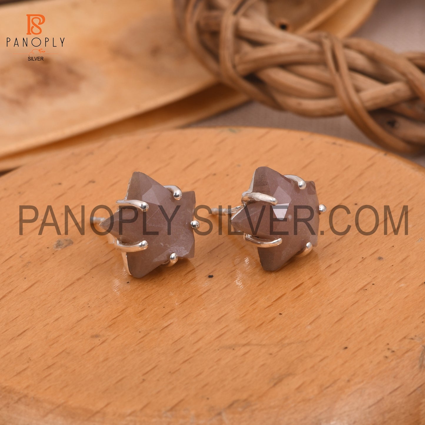 Chocolate Moonstone 925 Silver Star Tiny Celestial Stud Earrings