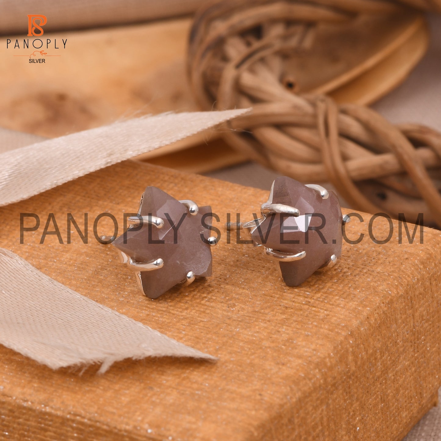 Chocolate Moonstone 925 Silver Star Tiny Celestial Stud Earrings