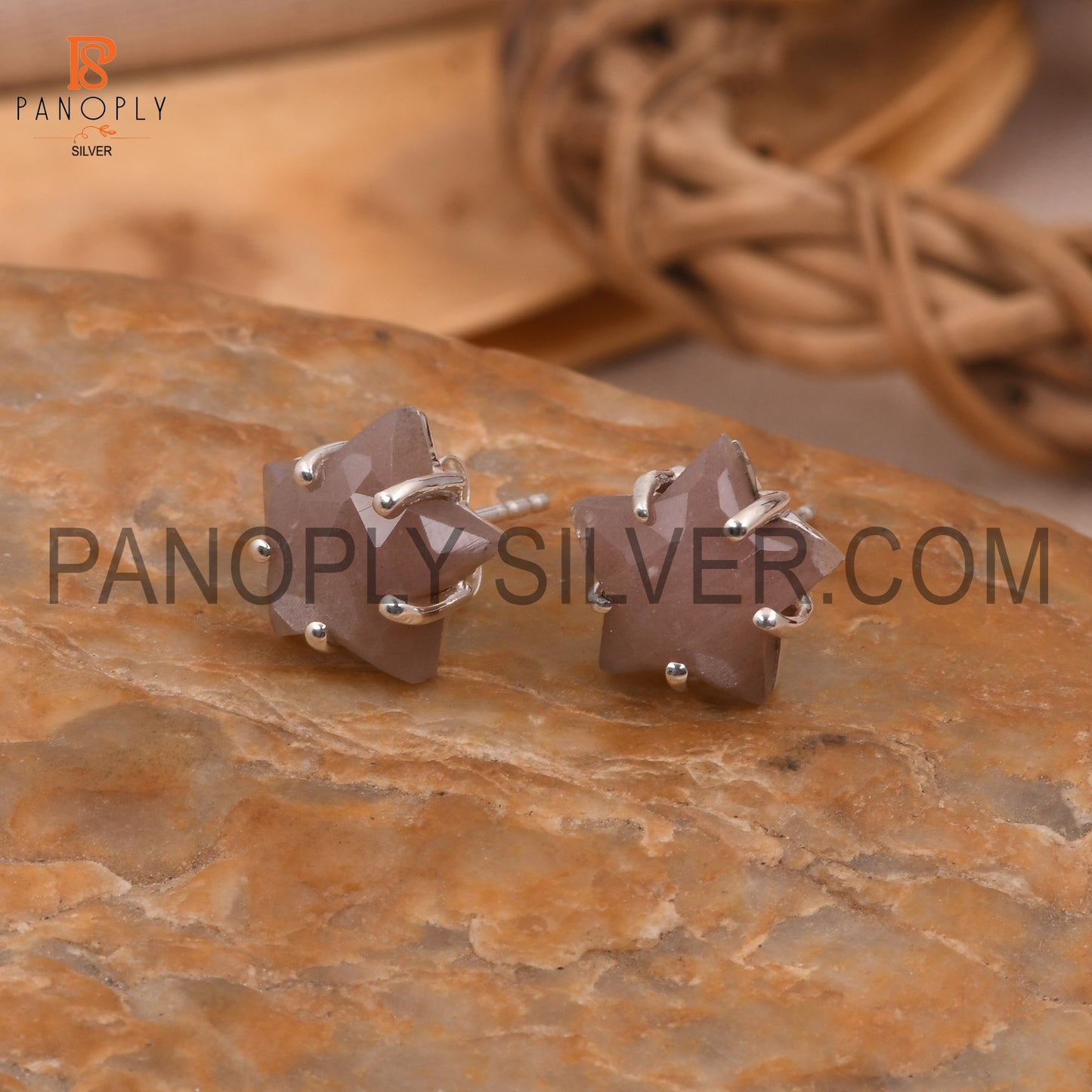 Chocolate Moonstone 925 Silver Star Tiny Celestial Stud Earrings