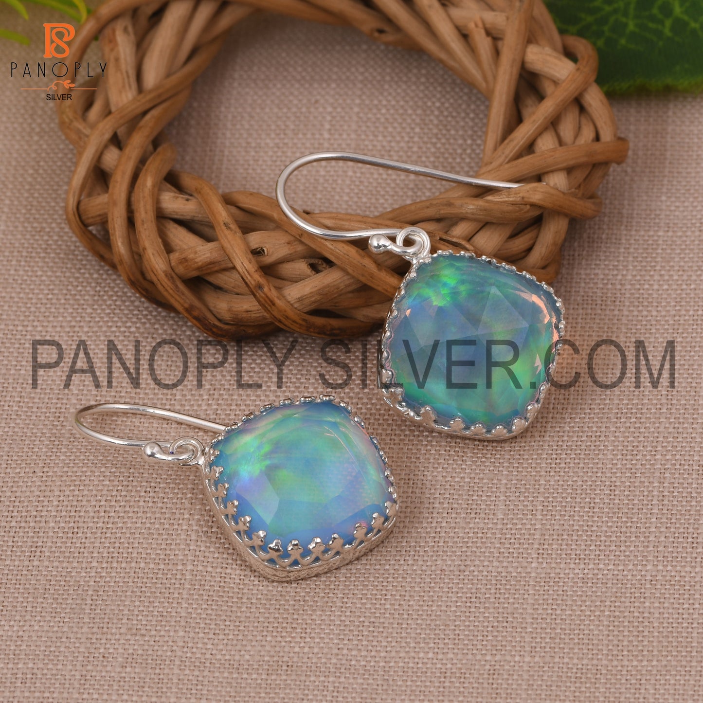 Cushion Cut Aurora Opal Sky Gemstone Earrings For Women