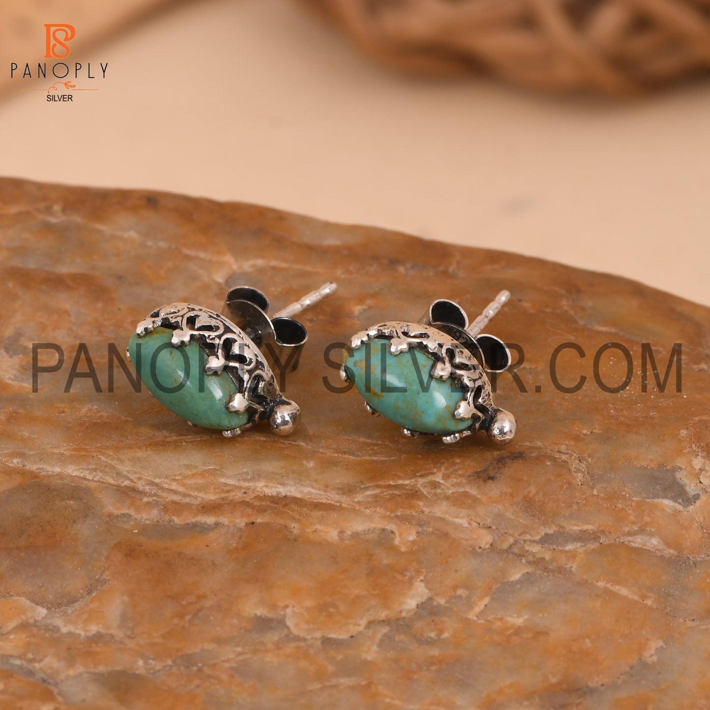Oxidized Kingman Turquoise Studs Marquise Shape Earrings