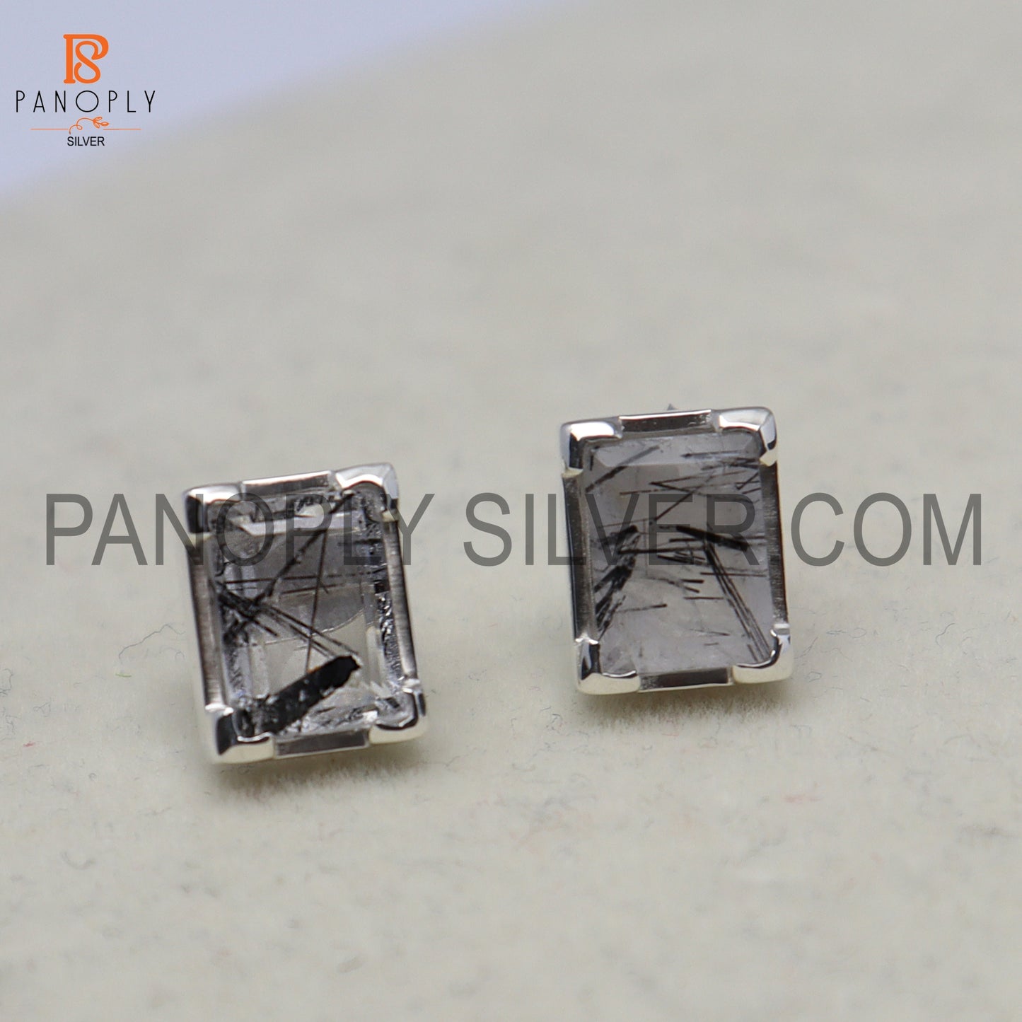 Black Rutile Baguette Shape 925 Silver Black Stud Earrings