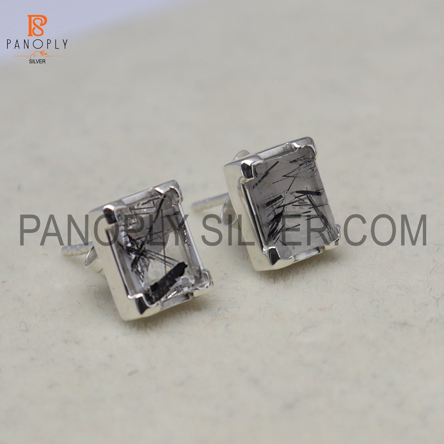 Black Rutile Baguette Shape 925 Silver Black Stud Earrings