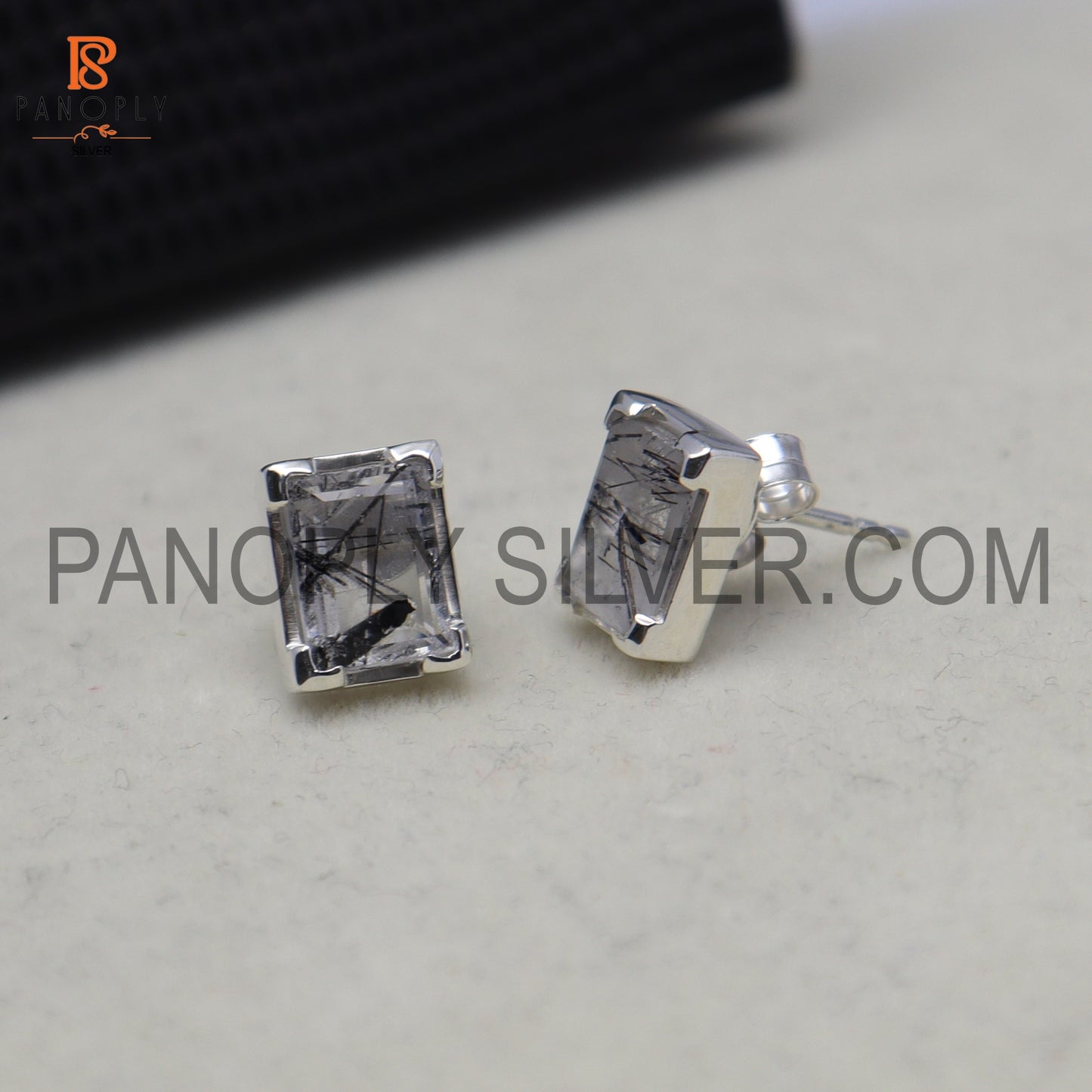 Black Rutile Baguette Shape 925 Silver Black Stud Earrings