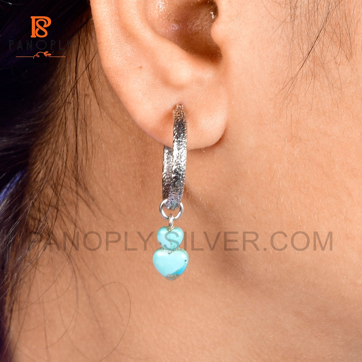 925 Silver Hoop Earrings with Double Heart Turquoise Charm
