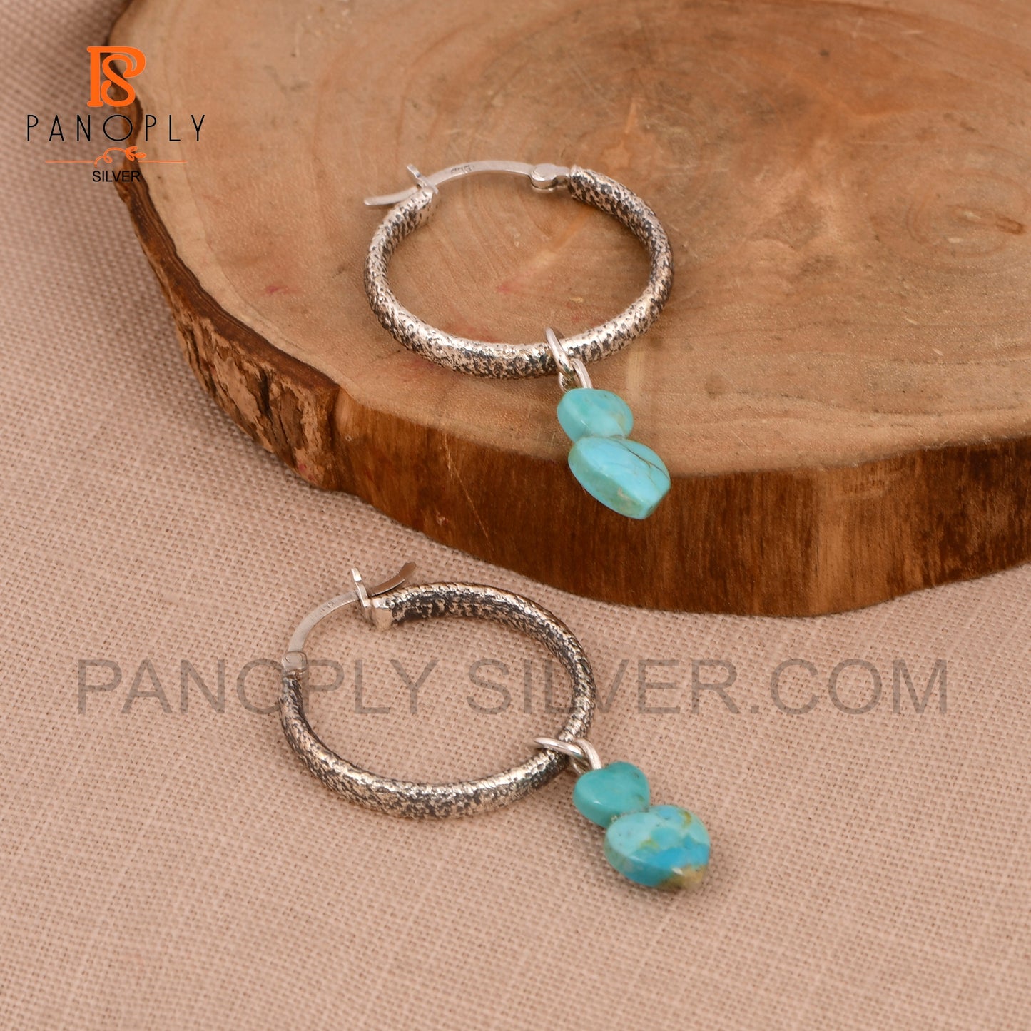 925 Silver Hoop Earrings with Double Heart Turquoise Charm