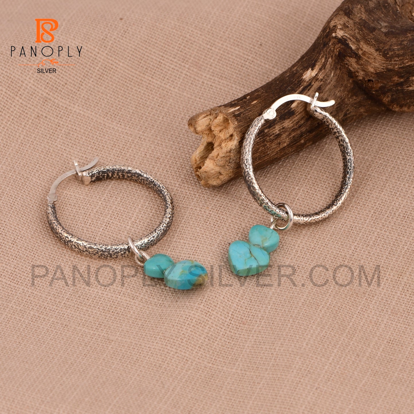 925 Silver Hoop Earrings with Double Heart Turquoise Charm