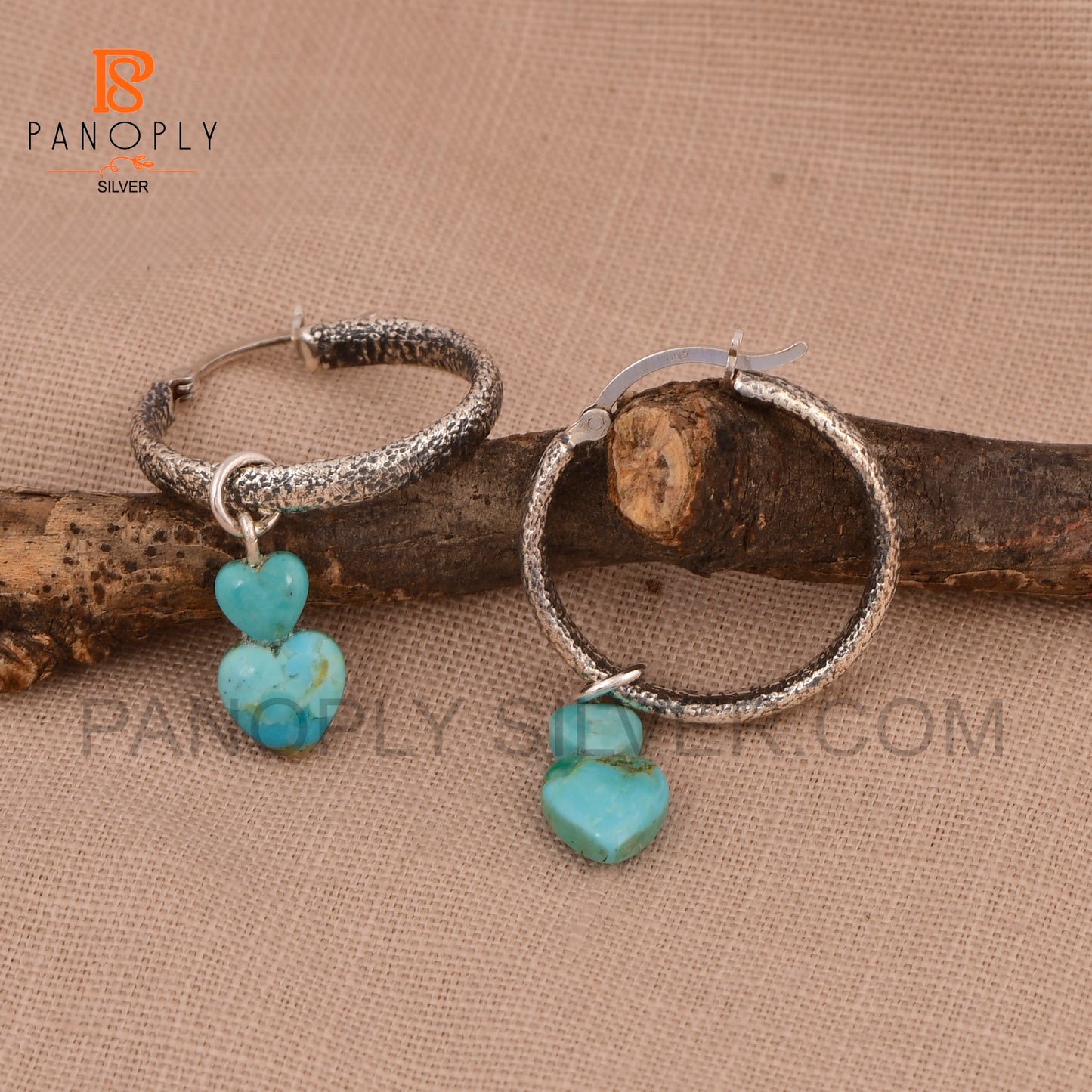 925 Silver Hoop Earrings with Double Heart Turquoise Charm