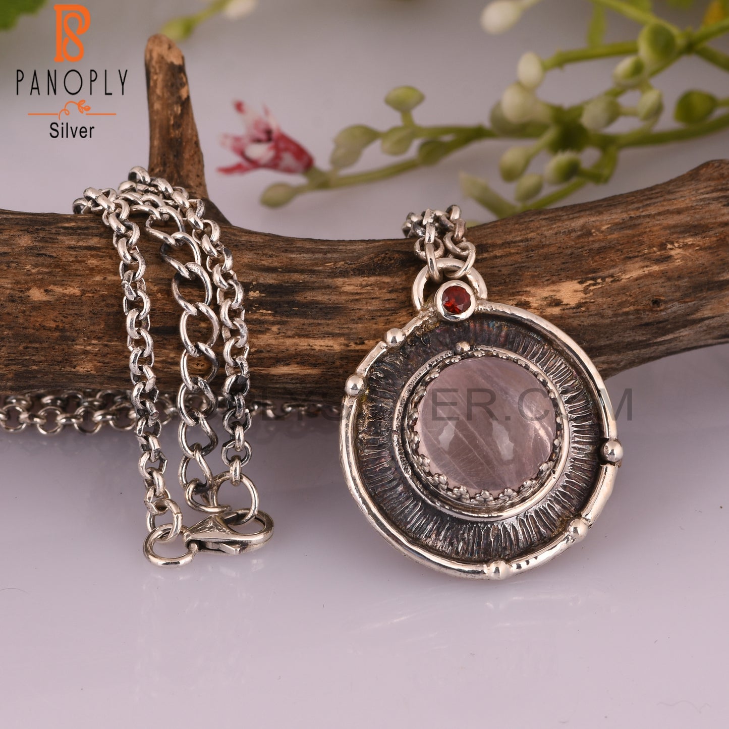 Rose Quartz & Garnet Pendant Round 925 Sterling Silver Pendant