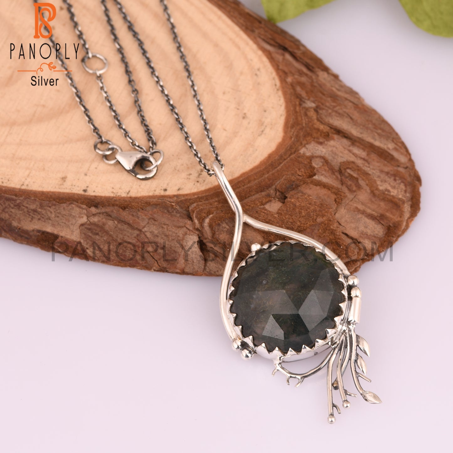 Moss Agate Round 925 Sterling Silver Pendant