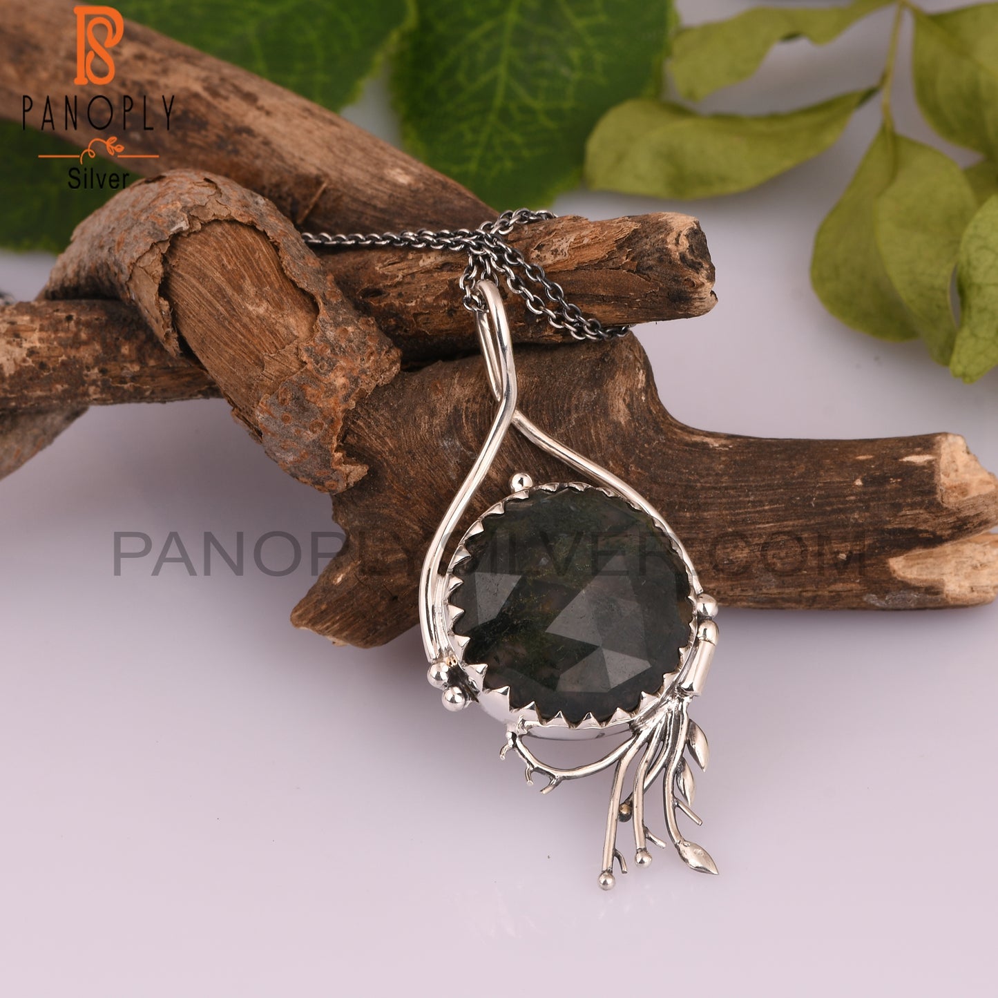 Moss Agate Round 925 Sterling Silver Pendant