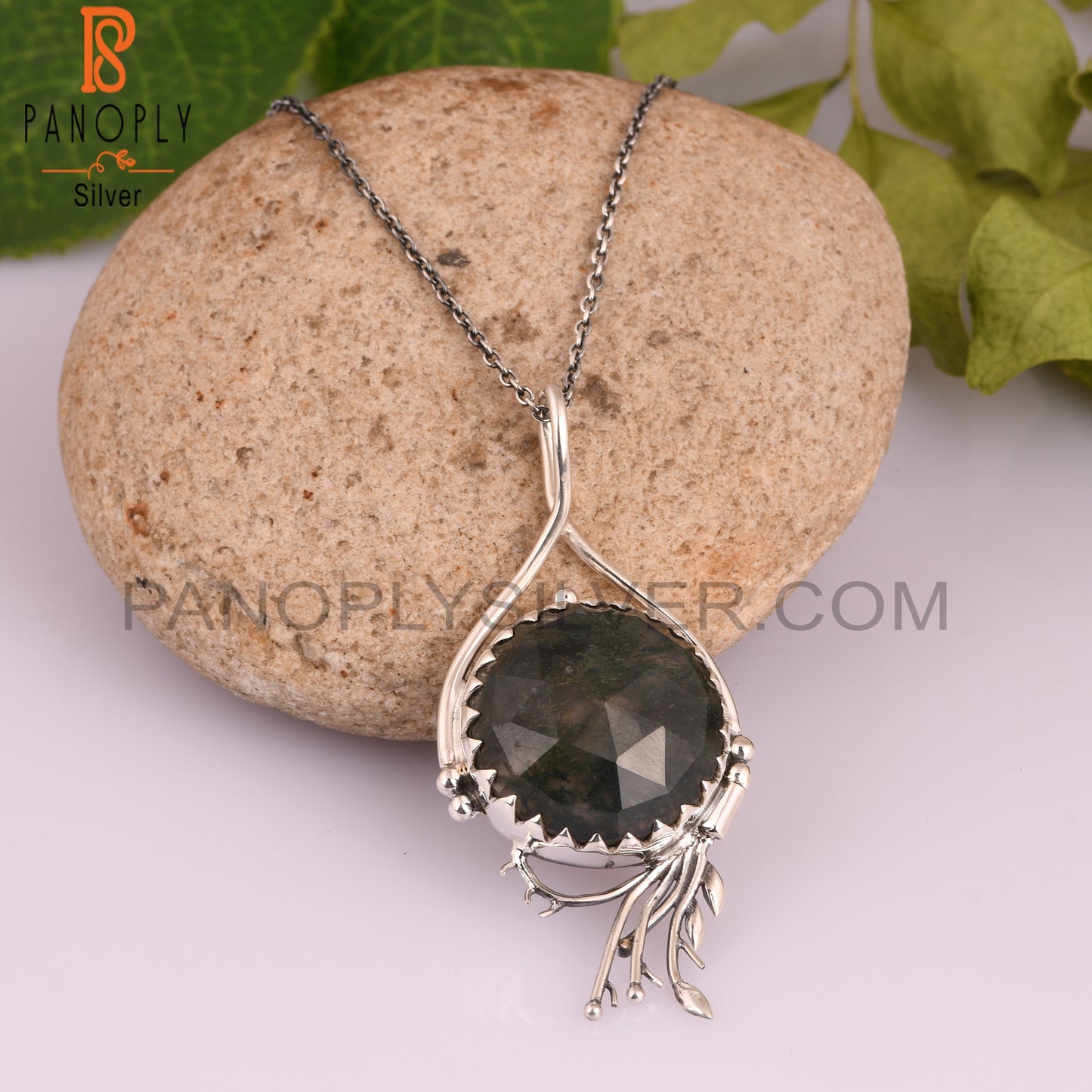 Moss Agate Round 925 Sterling Silver Pendant