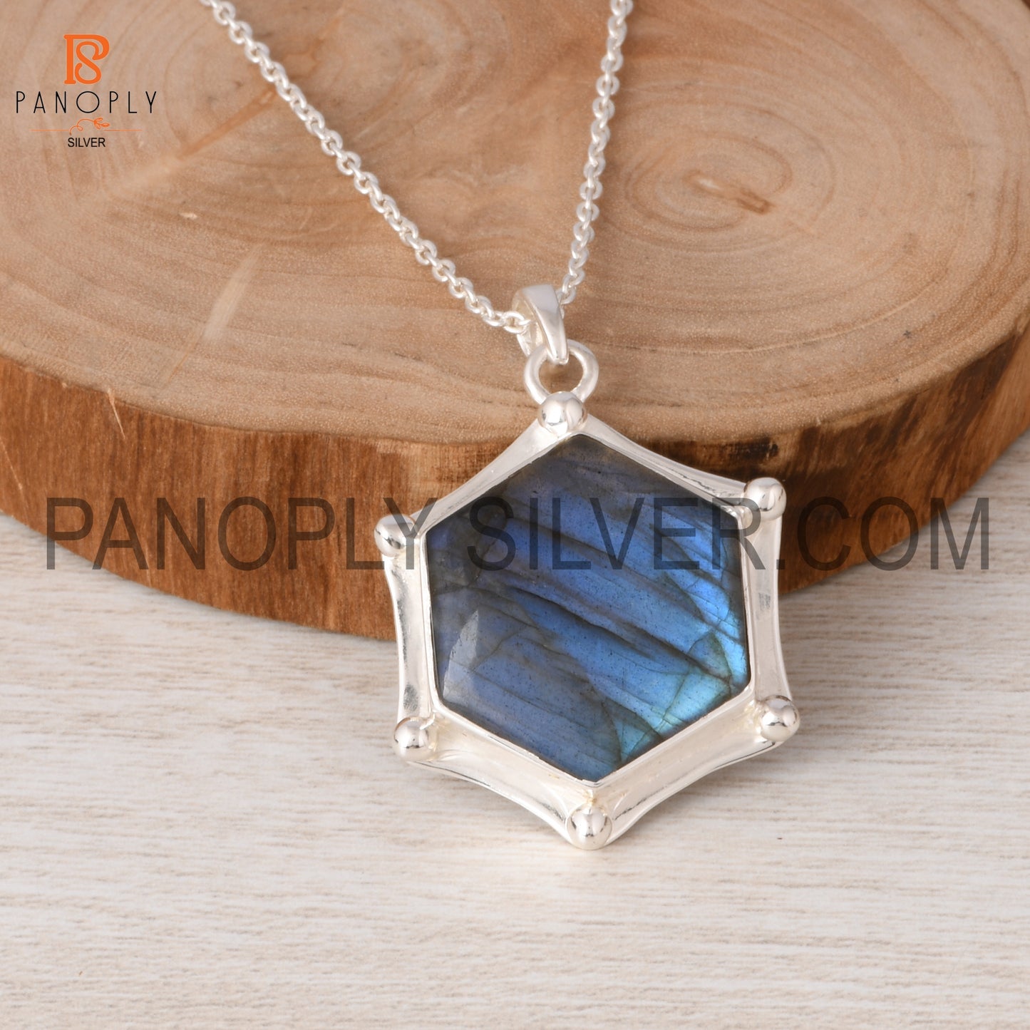 Hexagon Shape 925 Silver Pendant and Necklace Boho Jewelry
