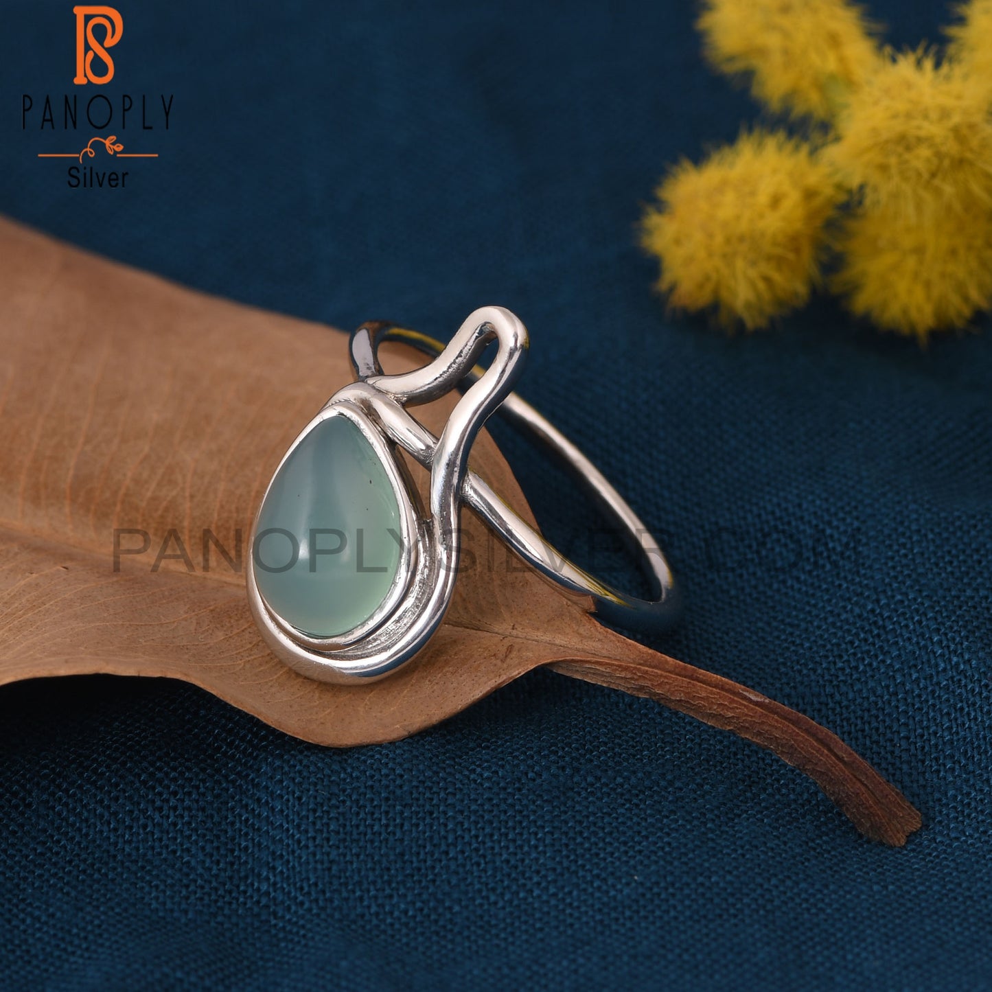 Aqua Chalcedony White Rhodium Plated 925 Silver Drop Ring