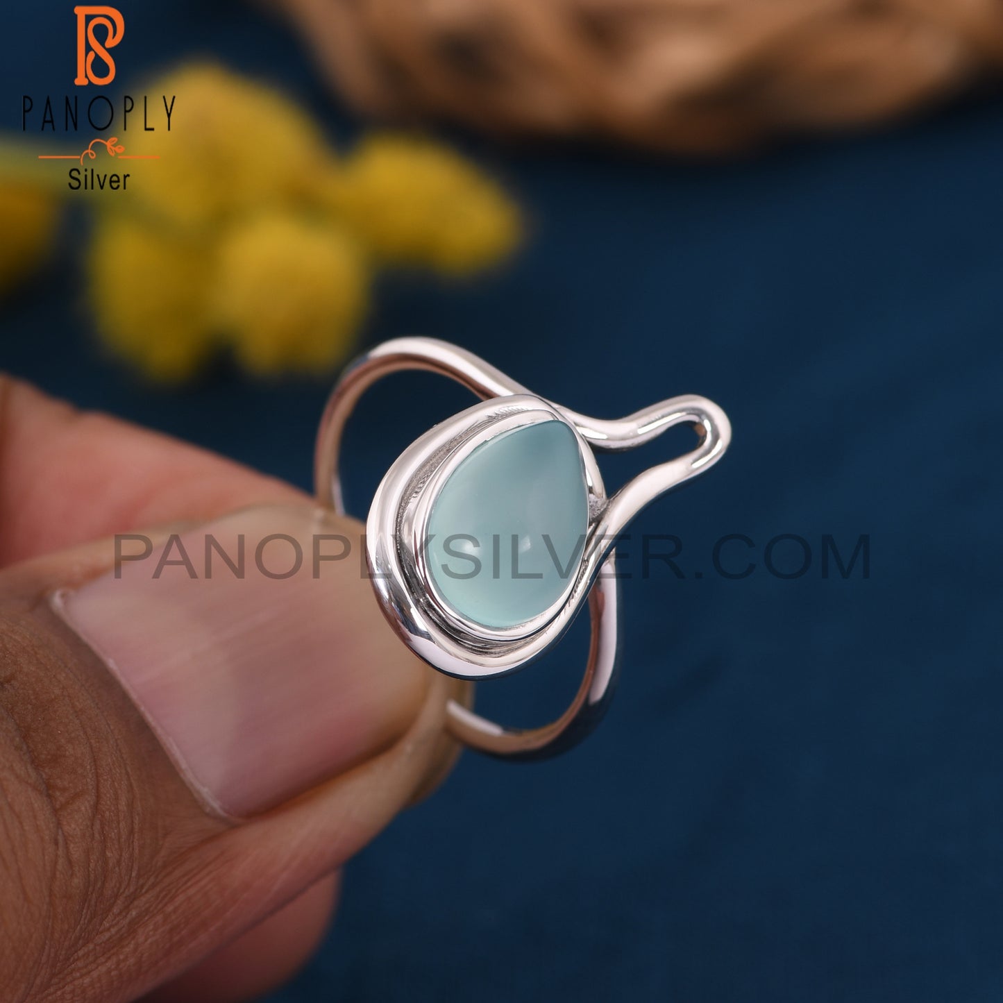 Genuine Blue Chalcedony Gem 925 Silver Ring Jewelry