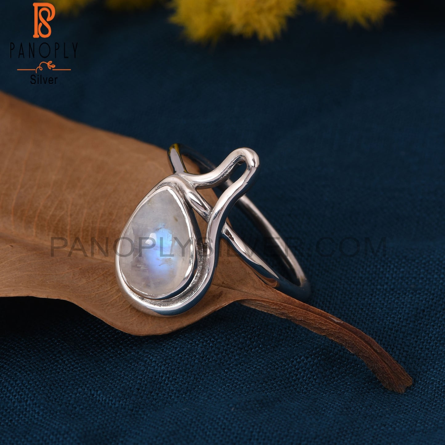 Natural 925 Silver Rainbow Moonstone Pear Ring Jewelry