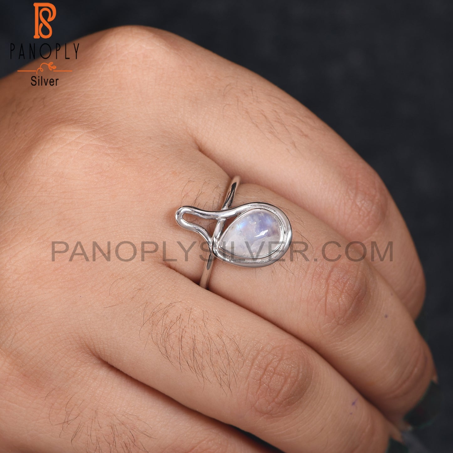 Natural 925 Silver Rainbow Moonstone Pear Ring Jewelry