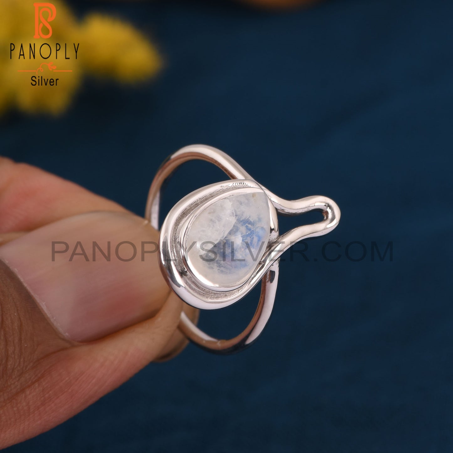 Natural 925 Silver Rainbow Moonstone Pear Ring Jewelry