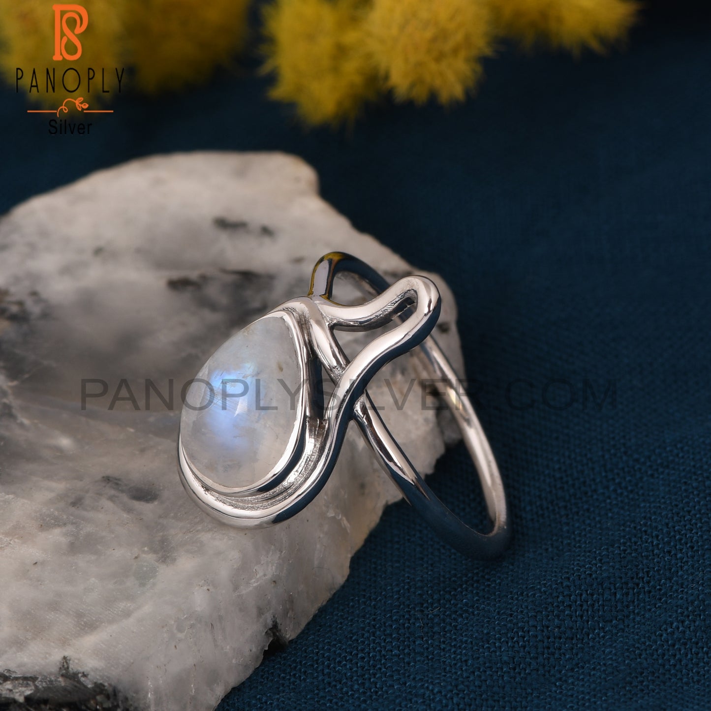 Natural 925 Silver Rainbow Moonstone Pear Ring Jewelry
