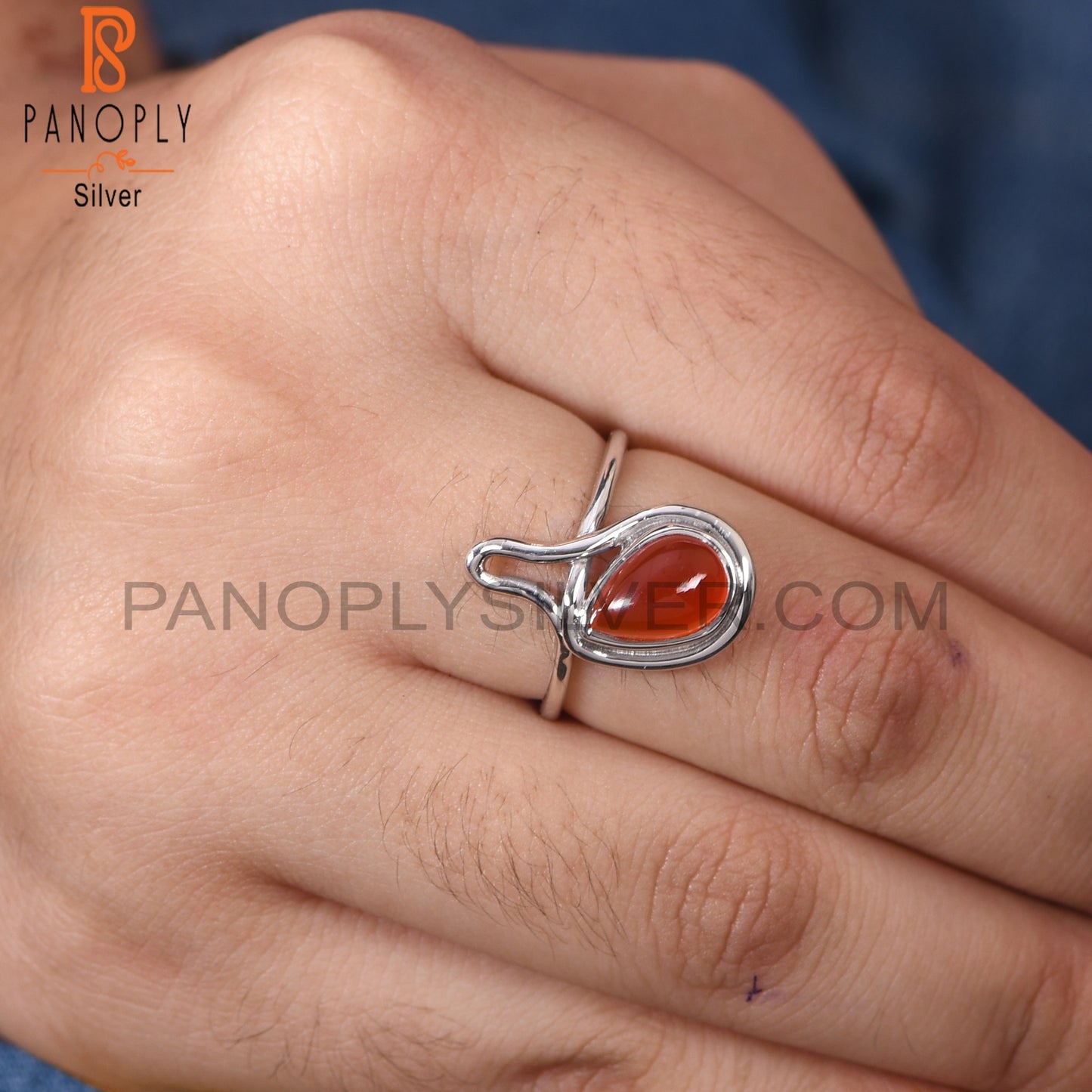 925 Silver Carnelian Chalcedony Gem Pear Shape Ring