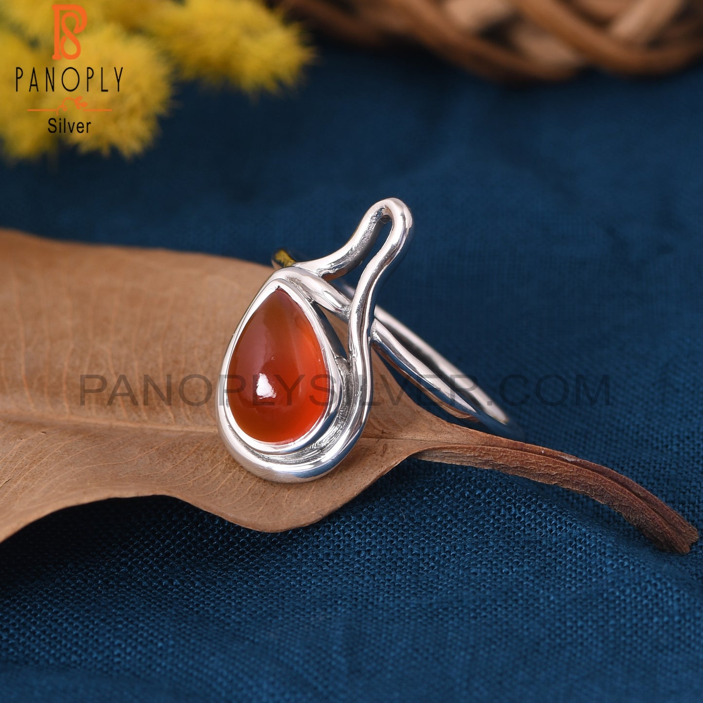 925 Silver Carnelian Chalcedony Gem Pear Shape Ring