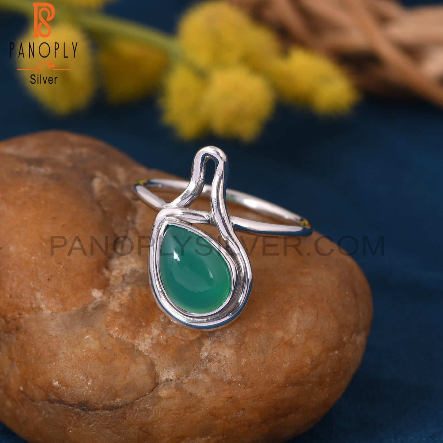 White Plated Green Onyx Gem Ring Jewelry