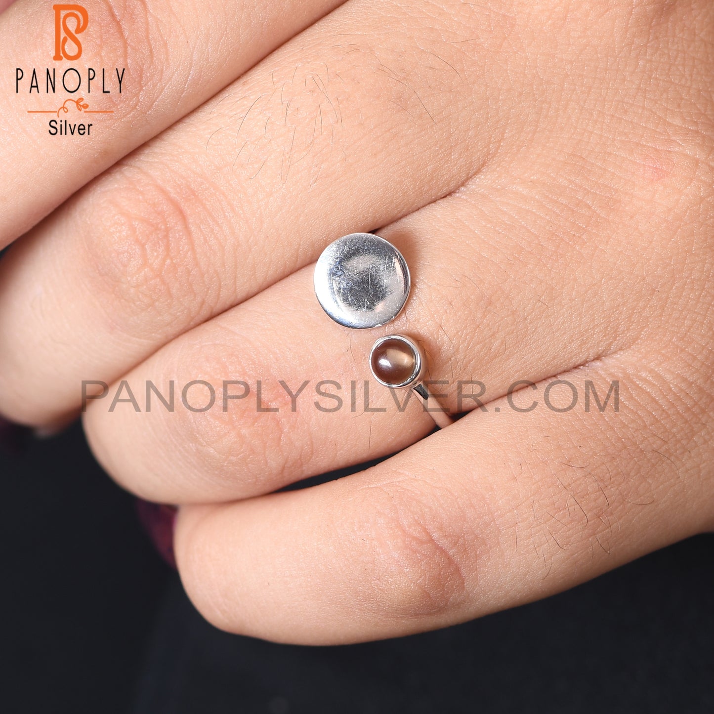 Nature Gem Smoky 925 Sterling Silver Adjustable Rings