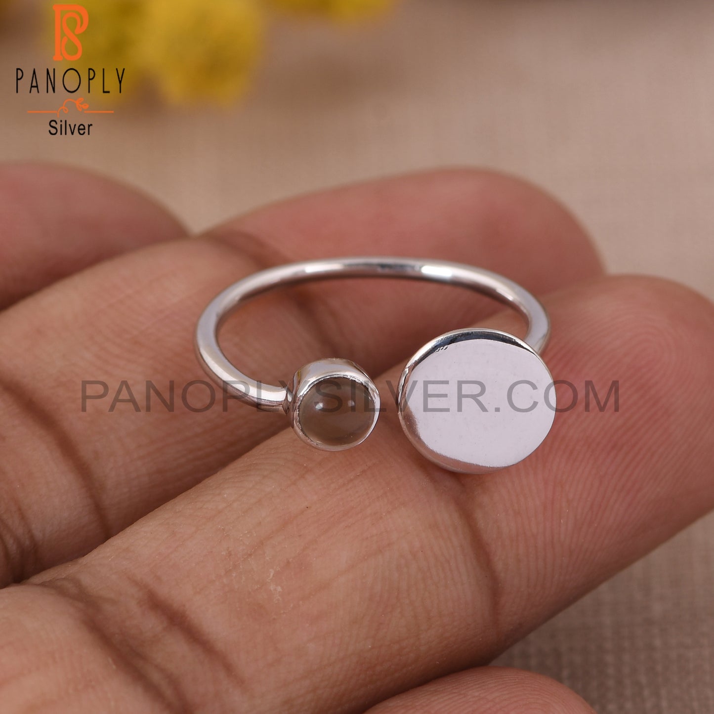 Nature Gem Smoky 925 Sterling Silver Adjustable Rings