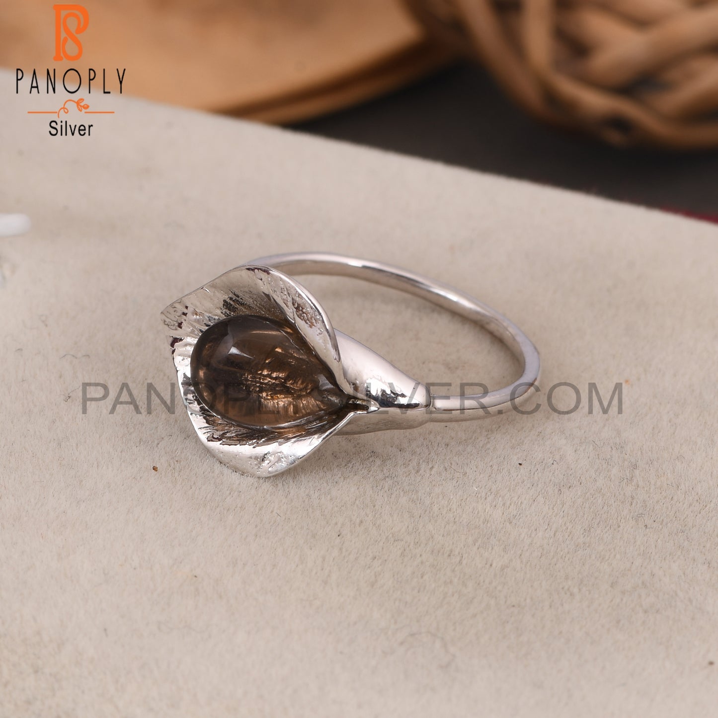 Smoky Quartz Floral Design 925 Silver Rings