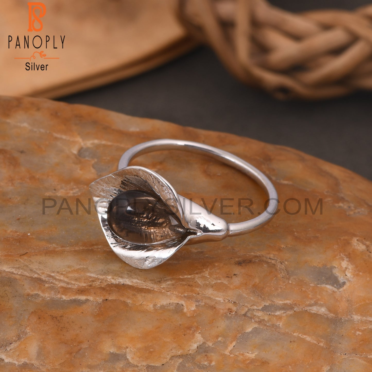 Smoky Quartz Floral Design 925 Silver Rings