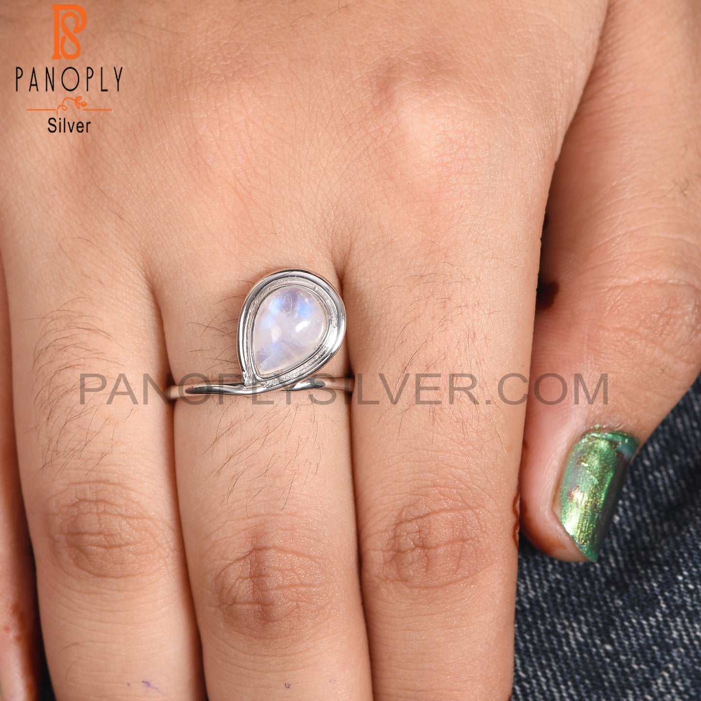 Natural Rainbow Moonstone 925 Sterling Silver Pear Ring