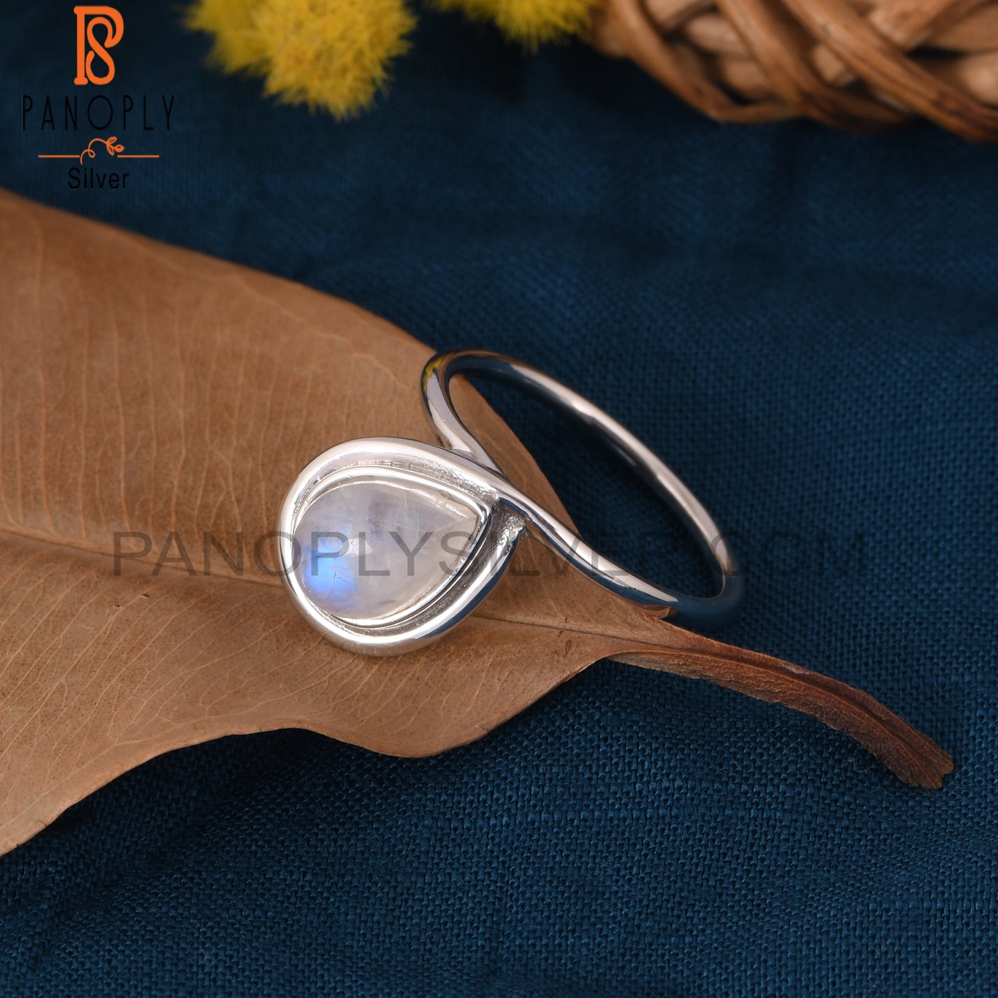 Natural Rainbow Moonstone 925 Sterling Silver Pear Ring