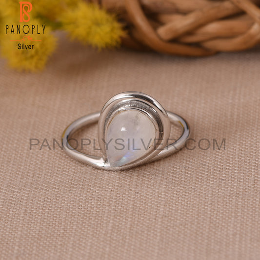 Natural Rainbow Moonstone 925 Sterling Silver Pear Ring