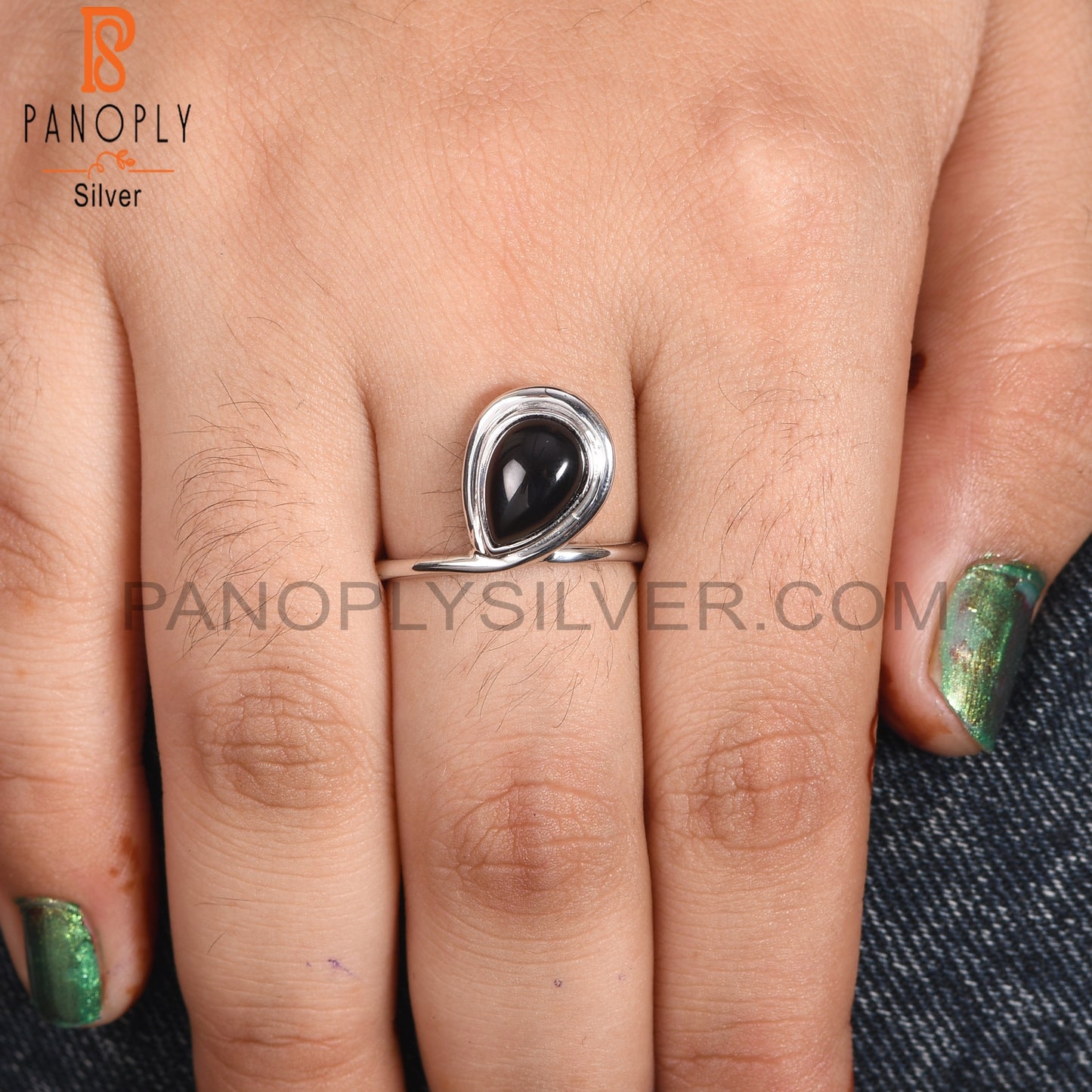 925 Sterling Silver Pear Shape Black Onyx Gemstone Ring