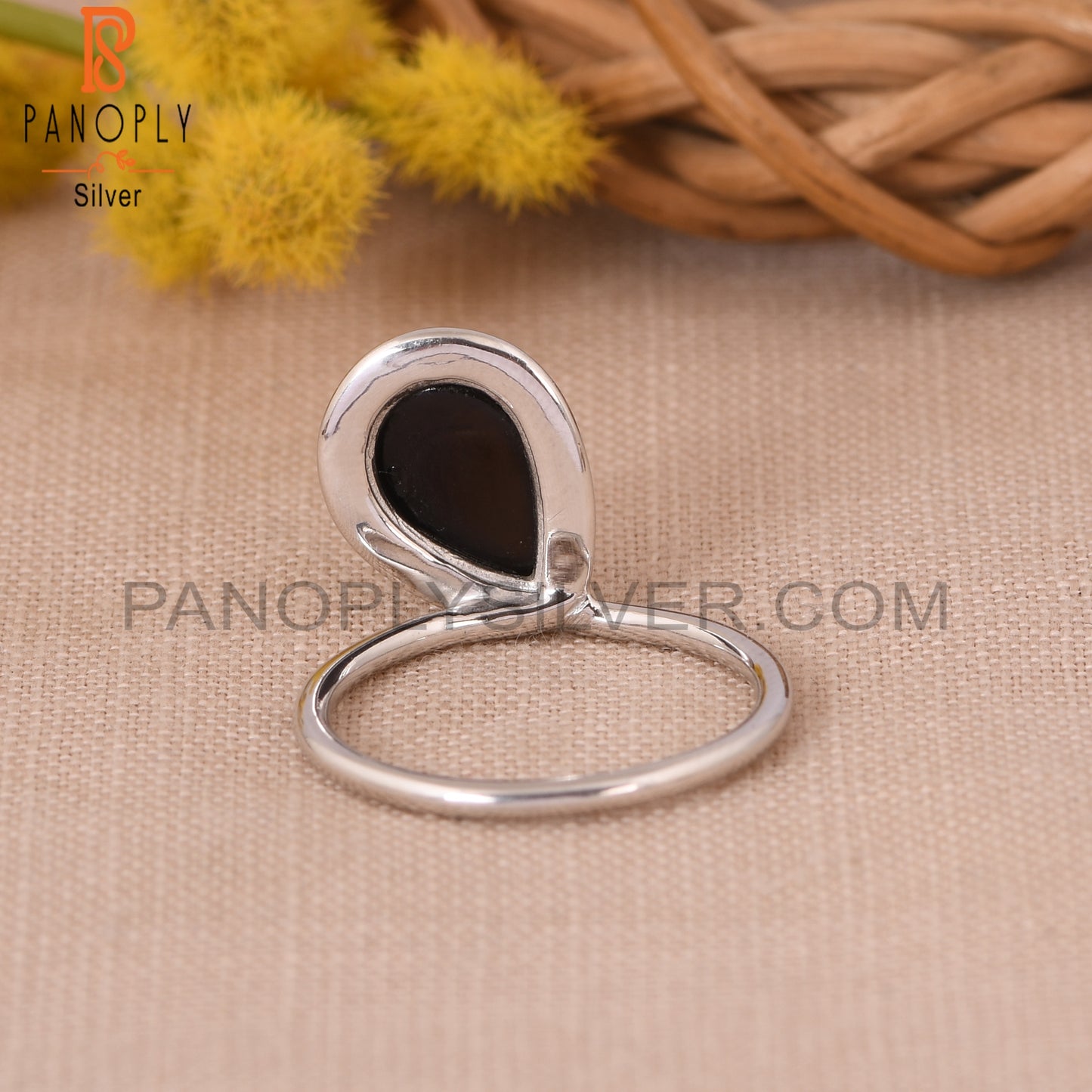 925 Sterling Silver Pear Shape Black Onyx Gemstone Ring