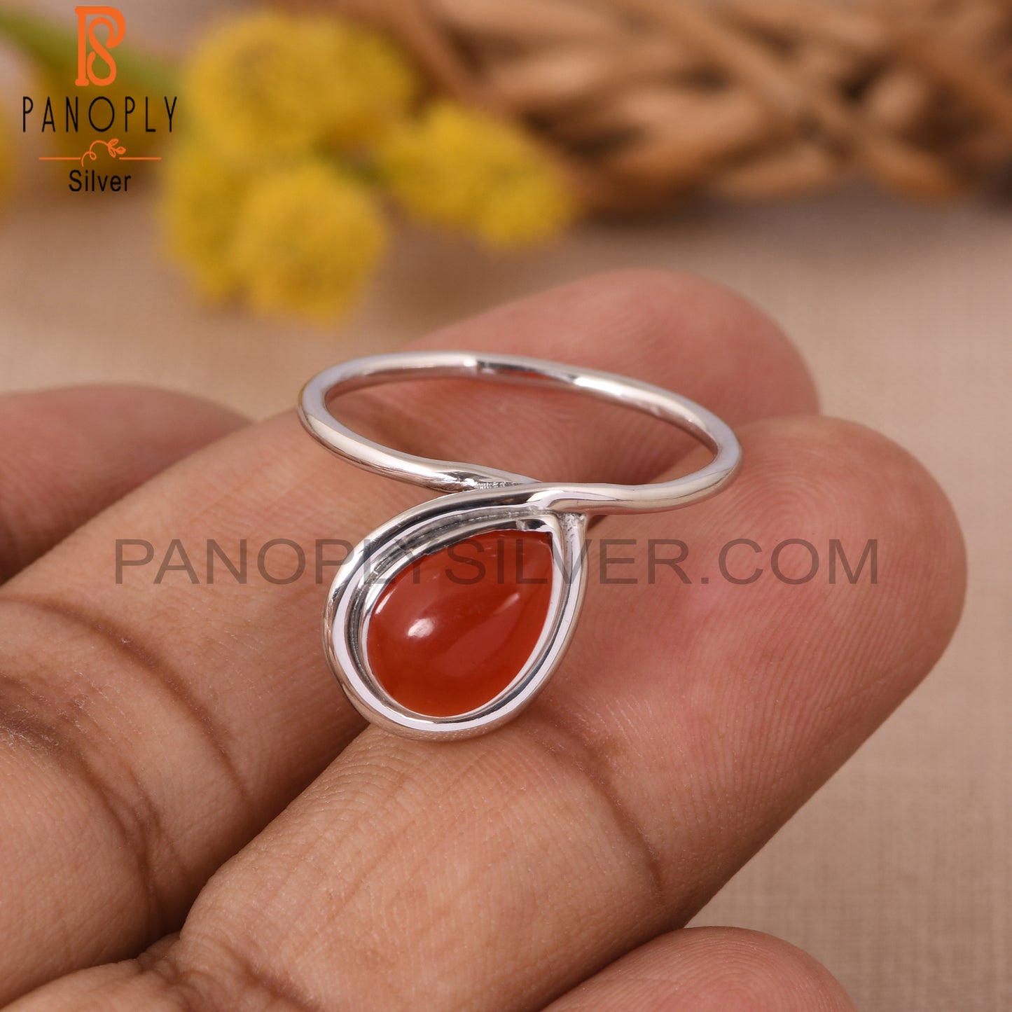 Red Onyx Gemstone 925 Sterling Silver Pear Ring