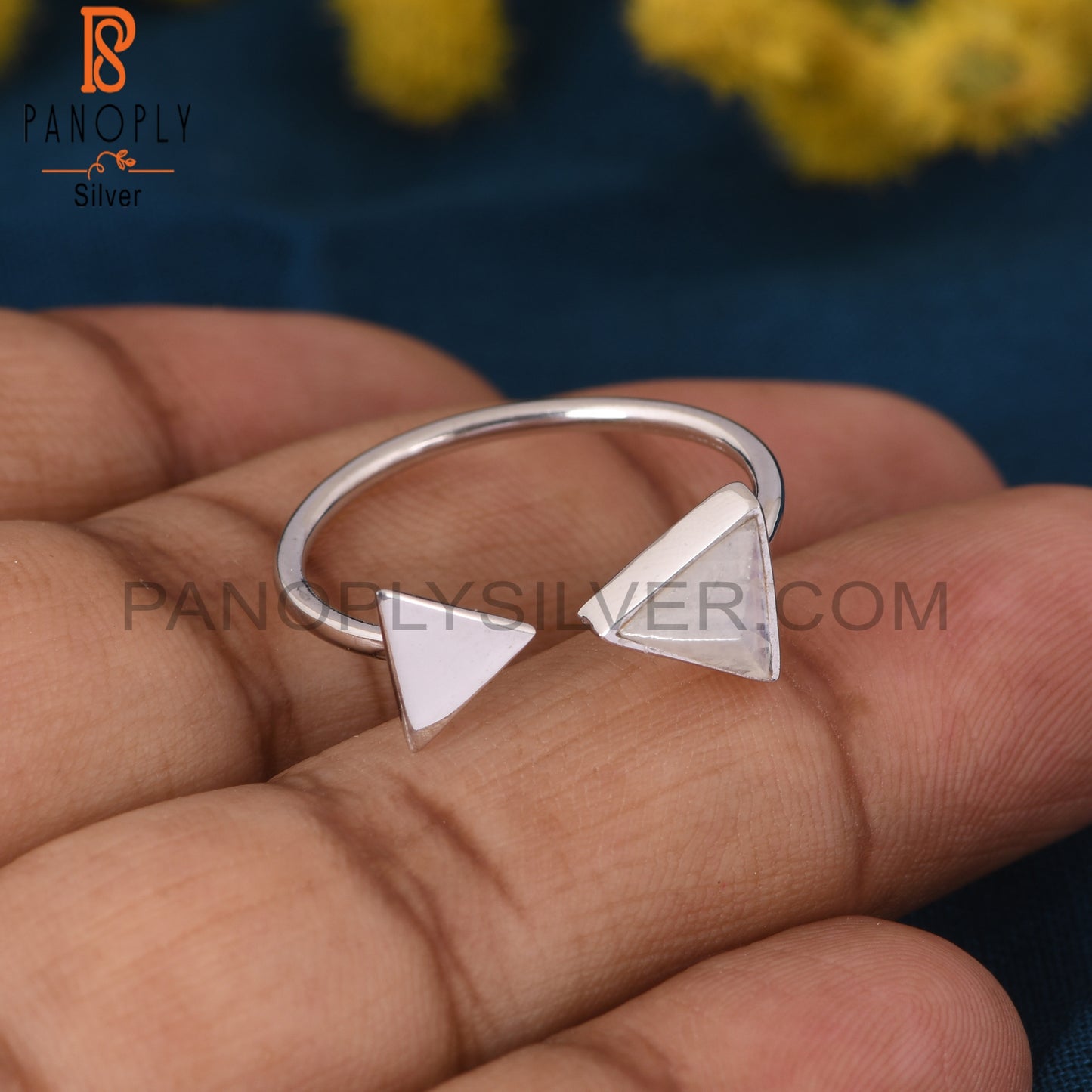 Genuine Rainbow Moonstone 925 Triangle Adjustable Ring