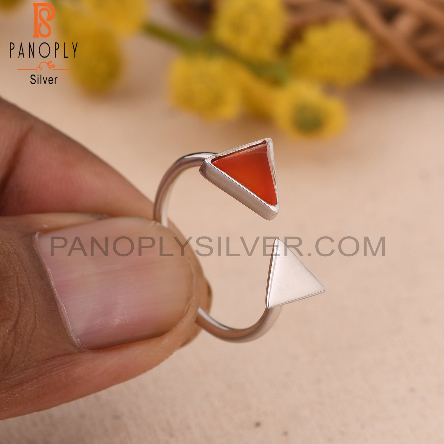 Carnlian Chalcedony 925 Silver Adjustable Pyramid Ring Jewelry