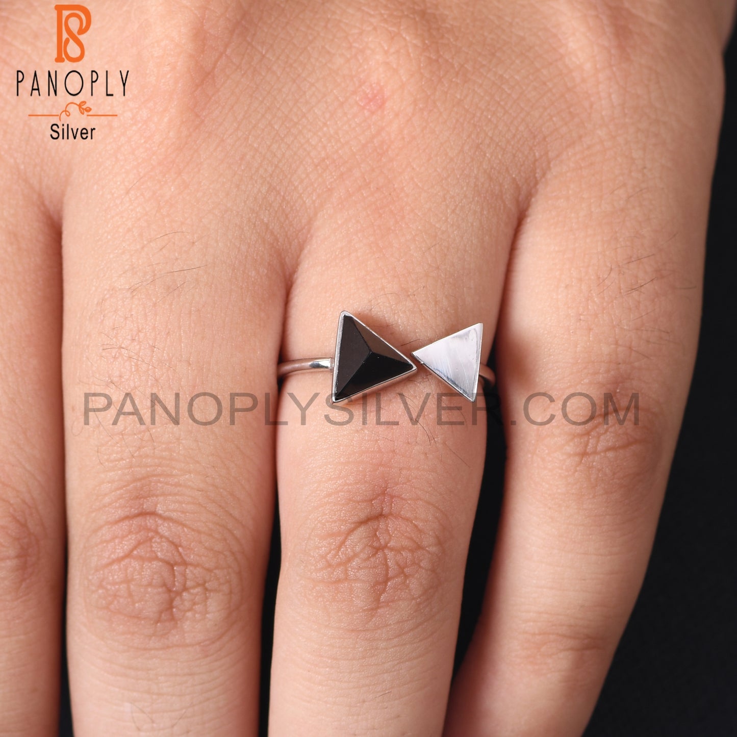 Pyramid Shape Black Onyx Gemstone Adjustable Silver Black Ring