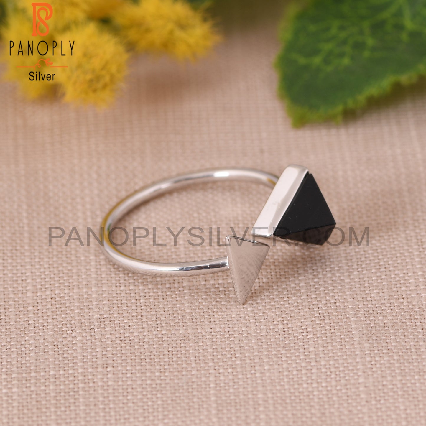 Pyramid Shape Black Onyx Gemstone Adjustable Silver Black Ring