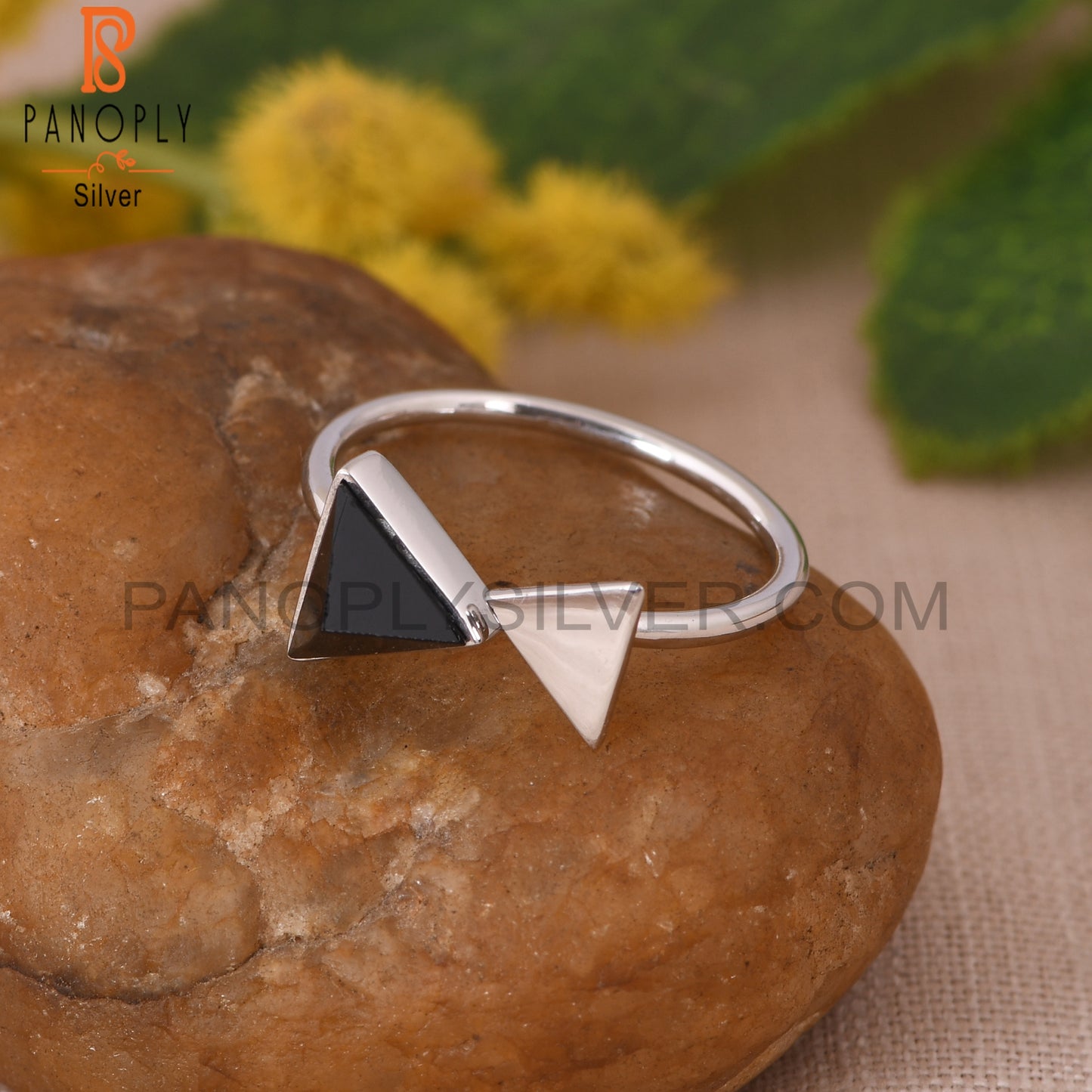 Pyramid Shape Black Onyx Gemstone Adjustable Silver Black Ring
