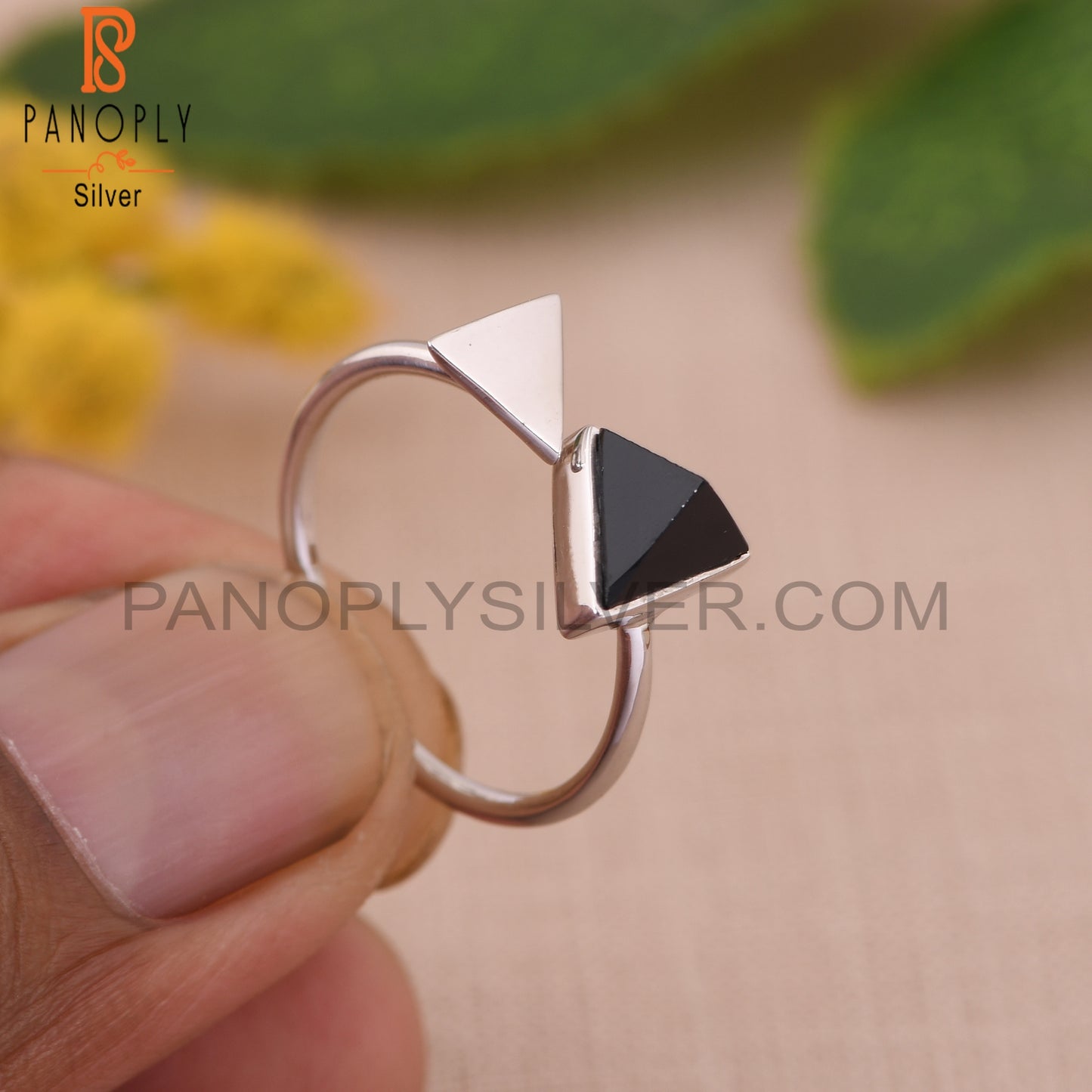 Pyramid Shape Black Onyx Gemstone Adjustable Silver Black Ring